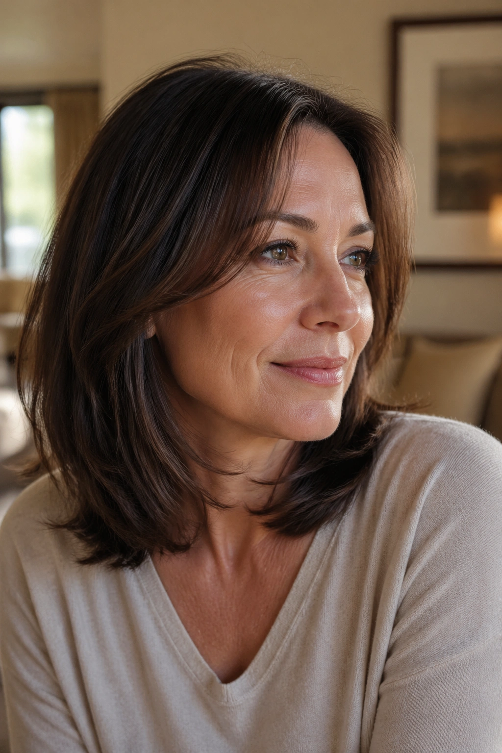 Portrait of a real woman with an invisible-layer shoulder cut featuring hidden layers at cheekbone level.