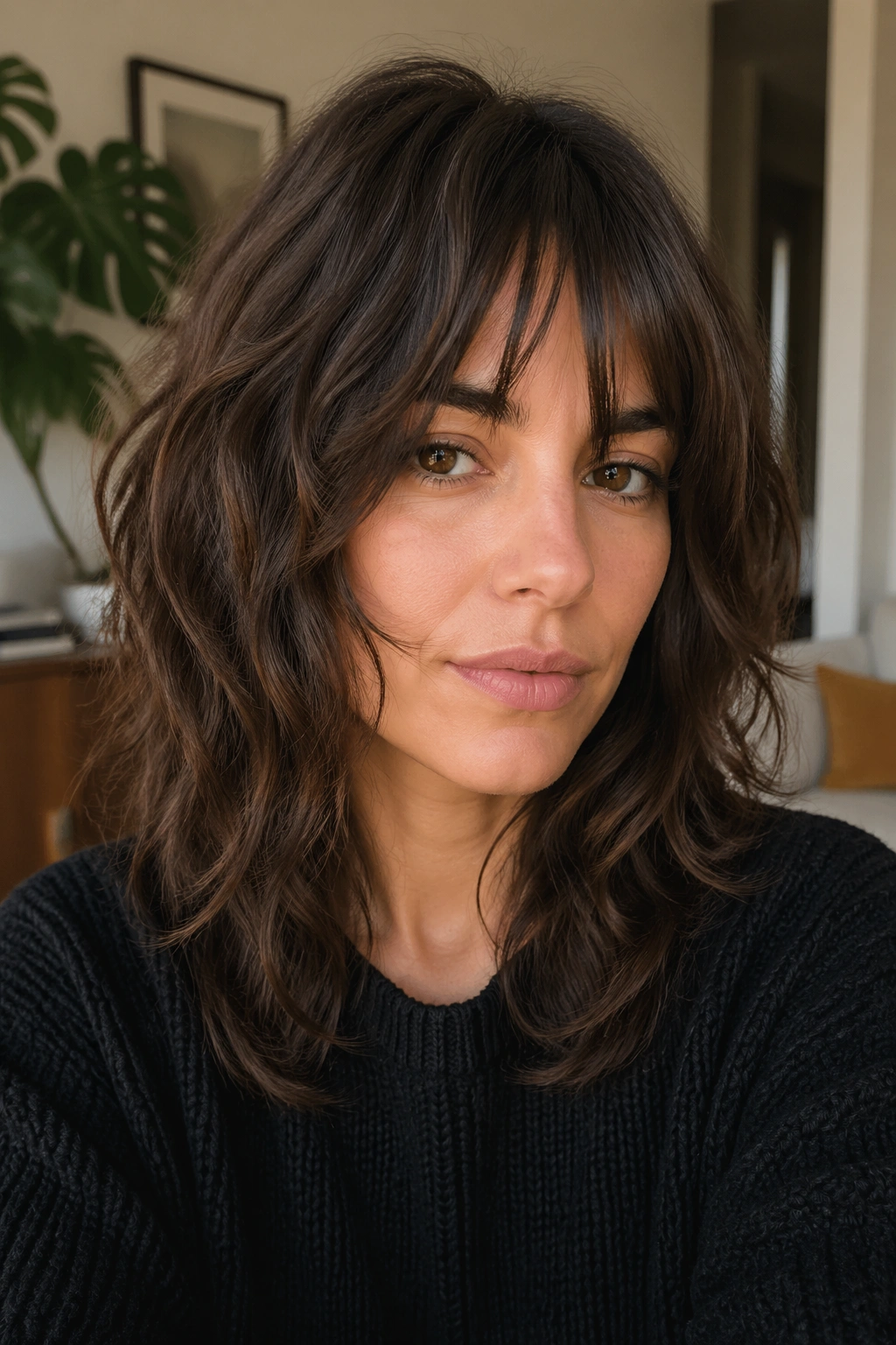 Close-up portrait of a real person with invisible-layers shag hairstyle