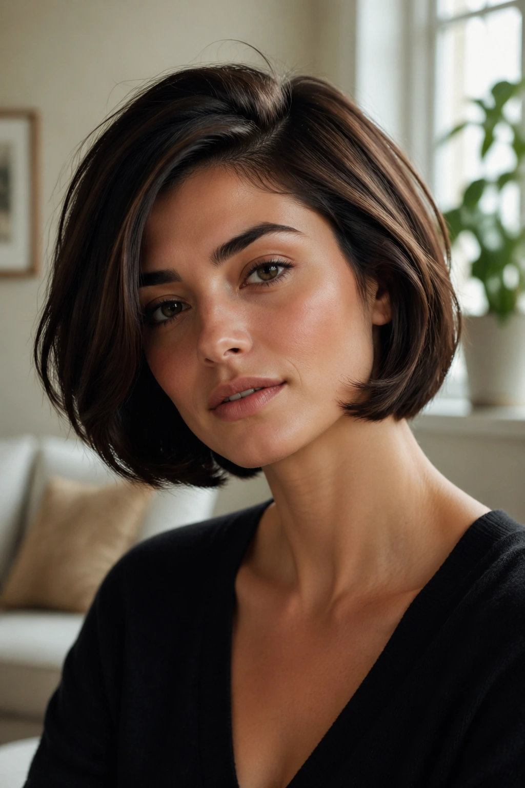 Close-up portrait of a real woman with an Italian Bob, jaw-length with soft bend.