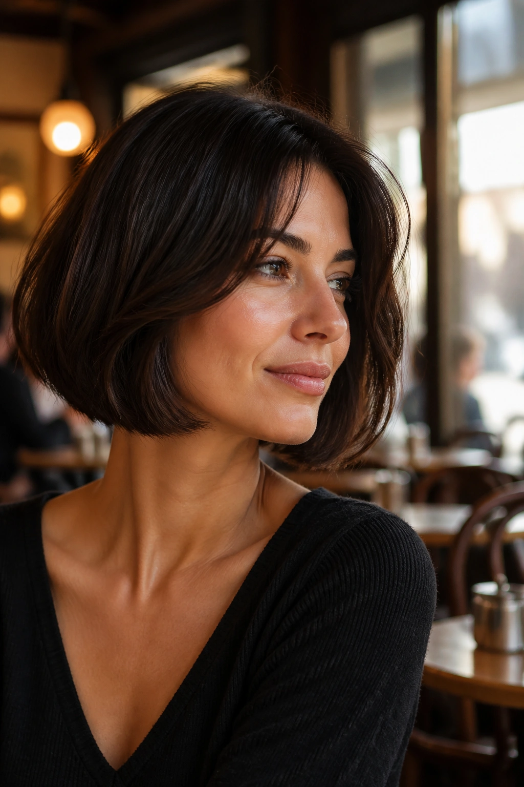 Close-up portrait of a woman with an Italian bob in a cafe setting.