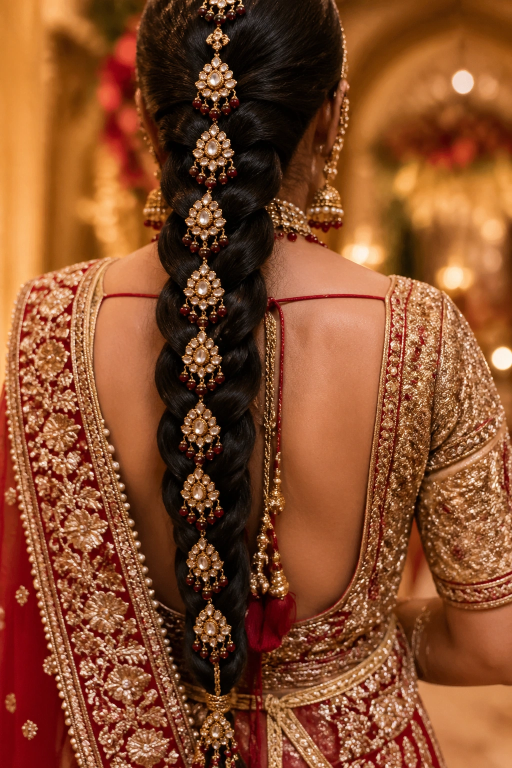 Close-up of jadau-accent parandi braid on real bride