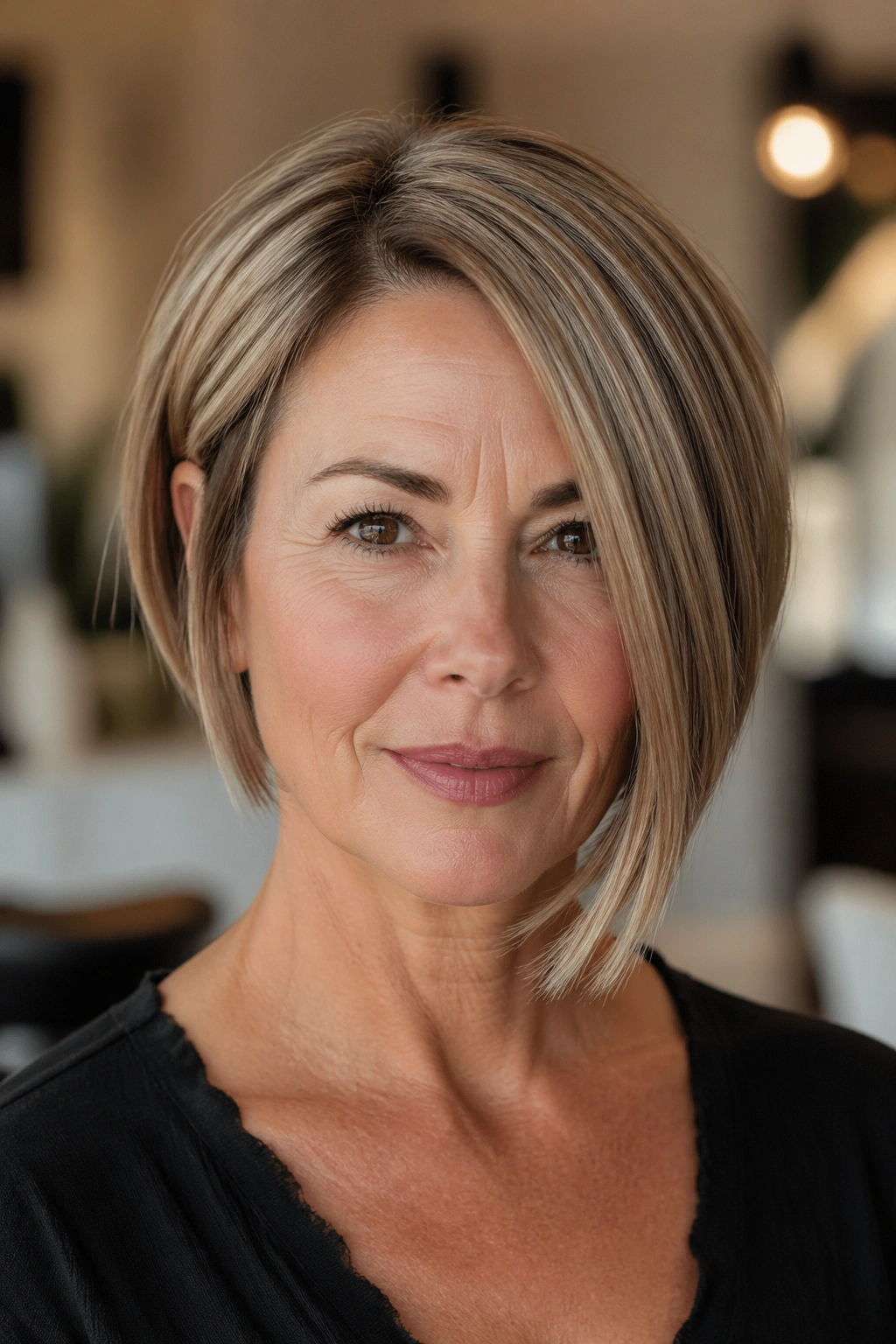 Close-up portrait of a real woman with a jaw-grazing angled bob in soft window light.