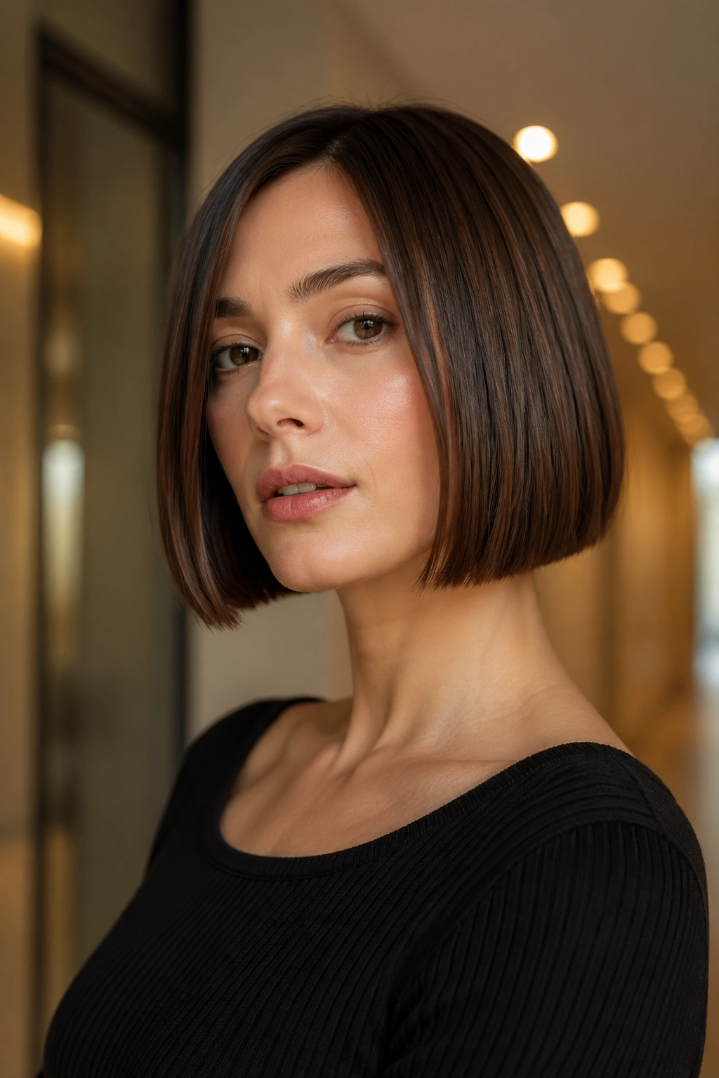 Close-up portrait of a real woman with a jaw-grazing blunt bob