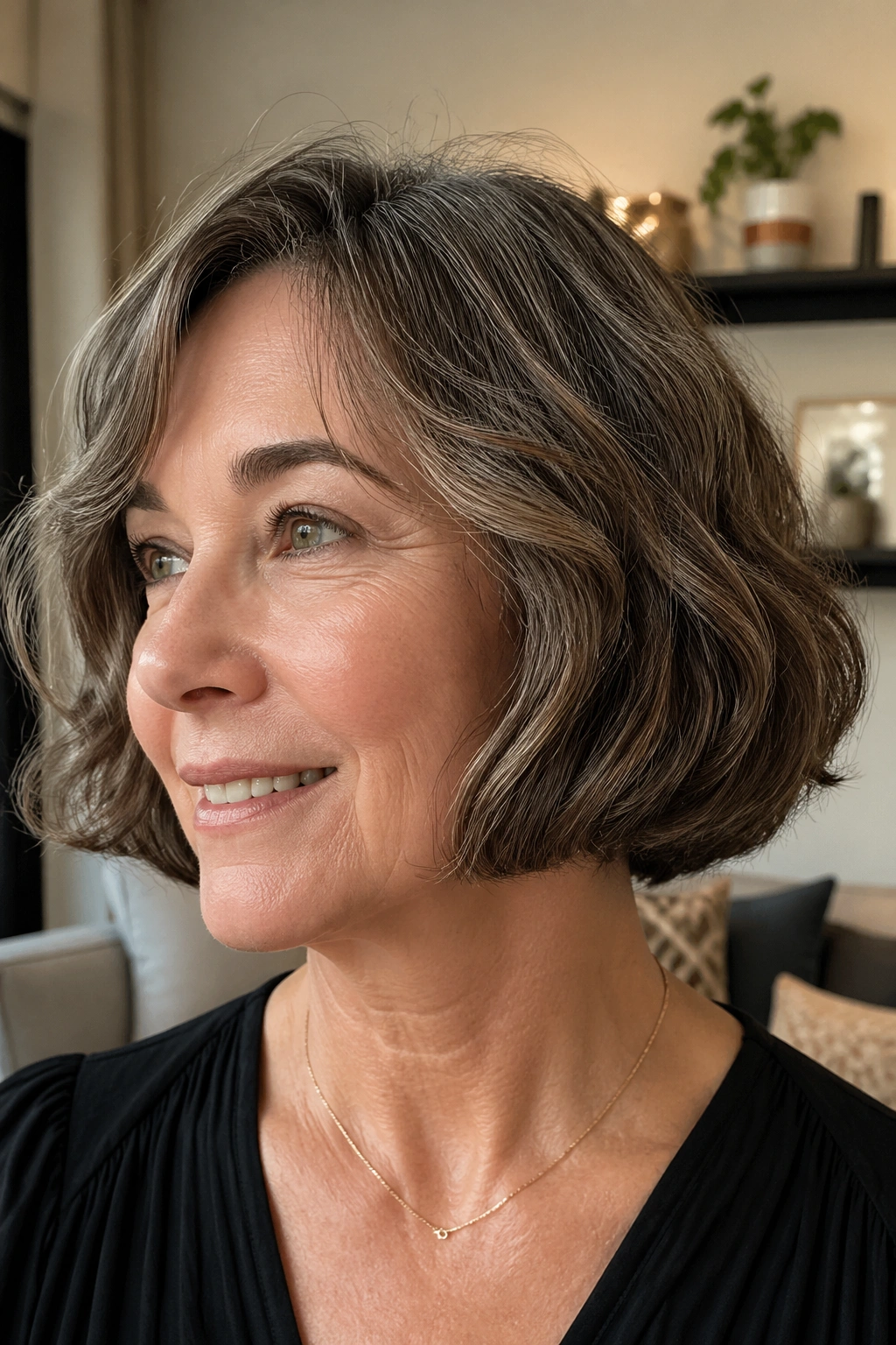 Close-up of real woman's jaw-length bob with beveled ends creating a dense silhouette
