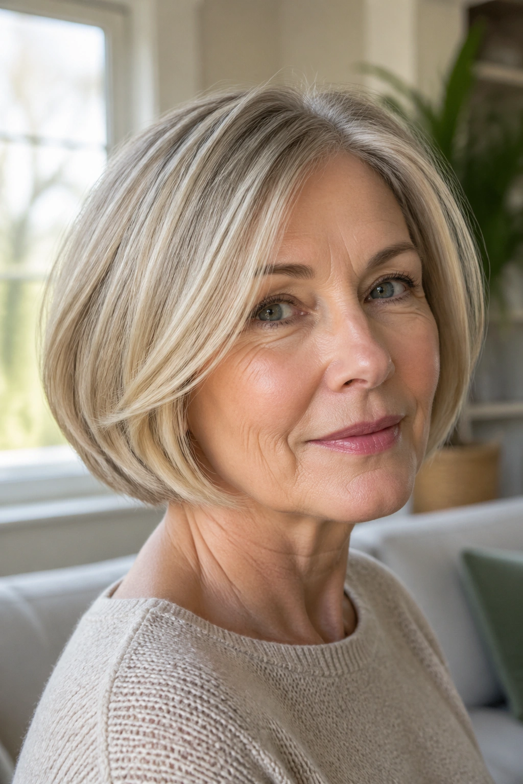 Portrait of a real woman wearing a jaw-length bob with a soft bend at the ends.