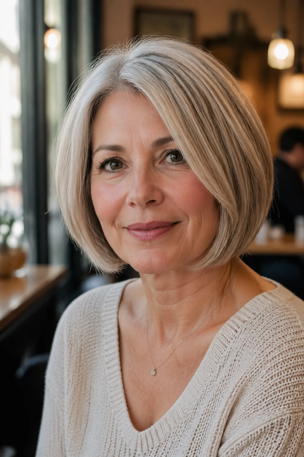 Close-up portrait of a real woman with a jaw-length bob and soft layers.