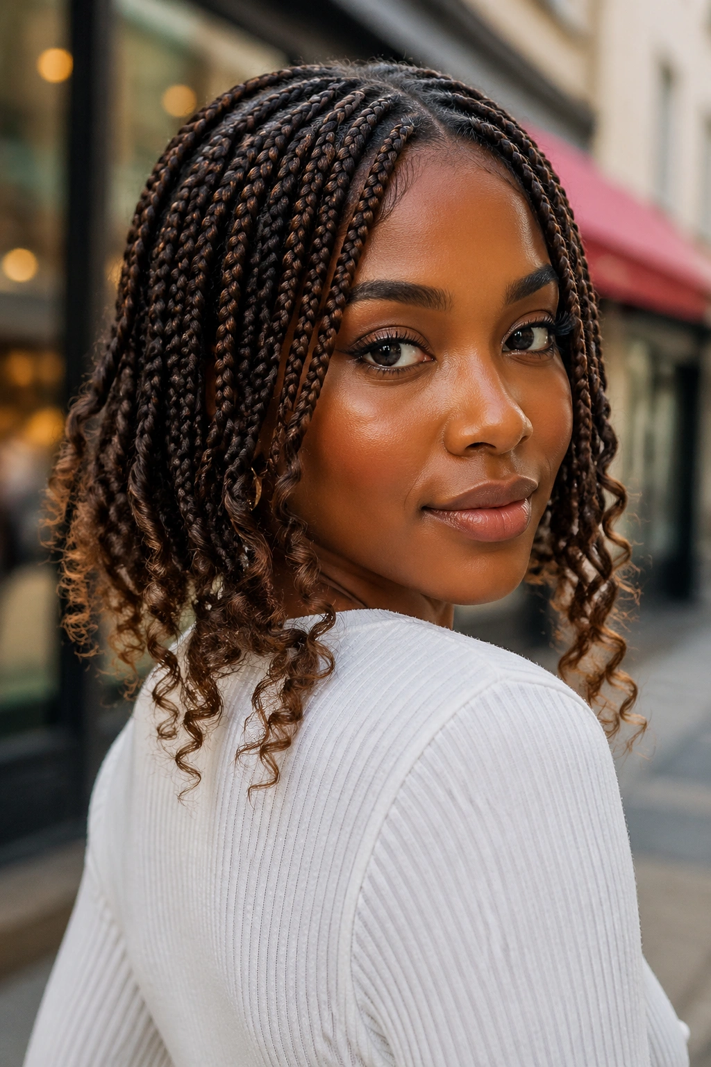 Close-up of jaw-length braided bob with long curly tails on a real woman