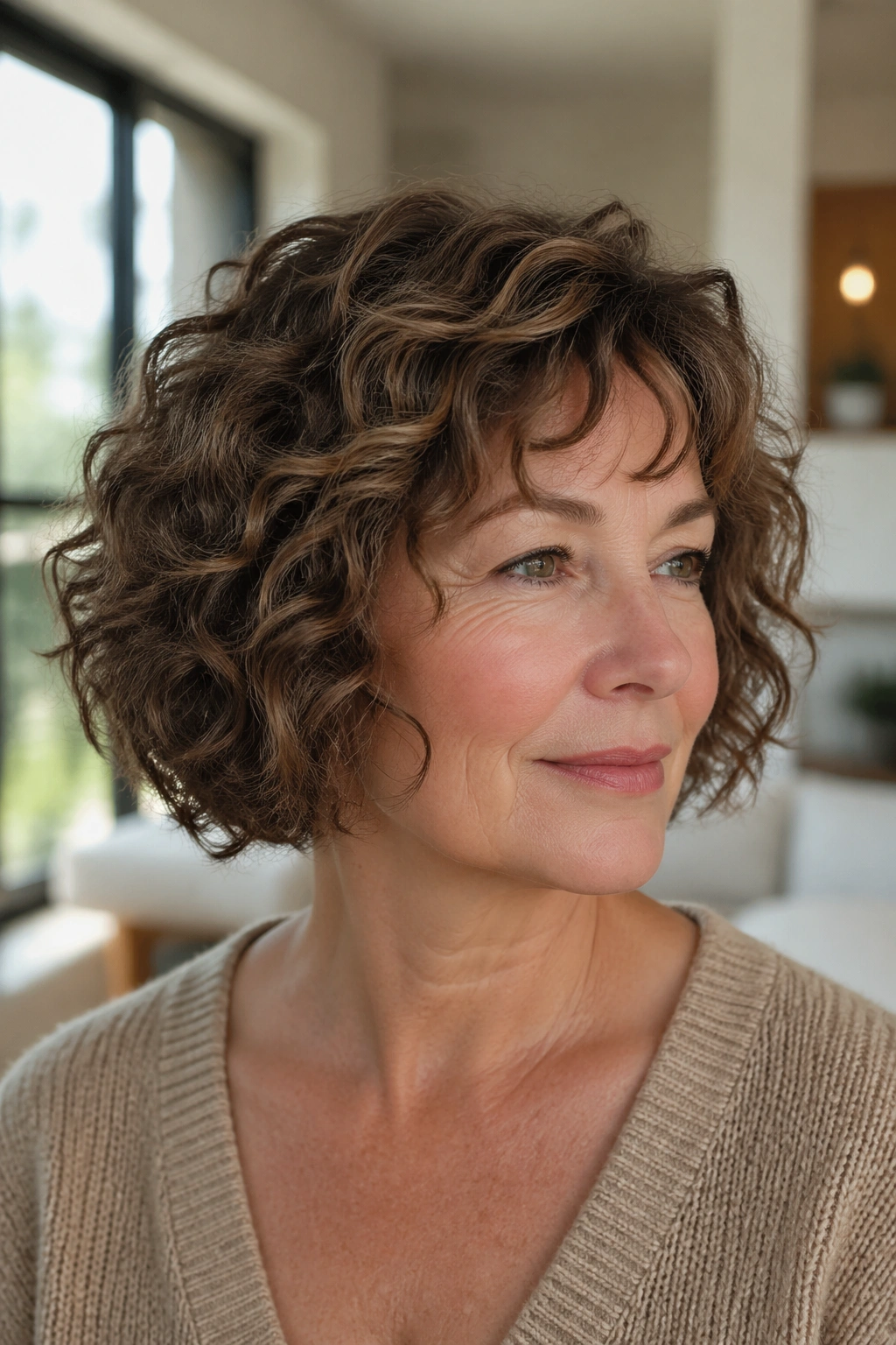 Close-up portrait of a real woman with a jaw-length curly bob for fine hair