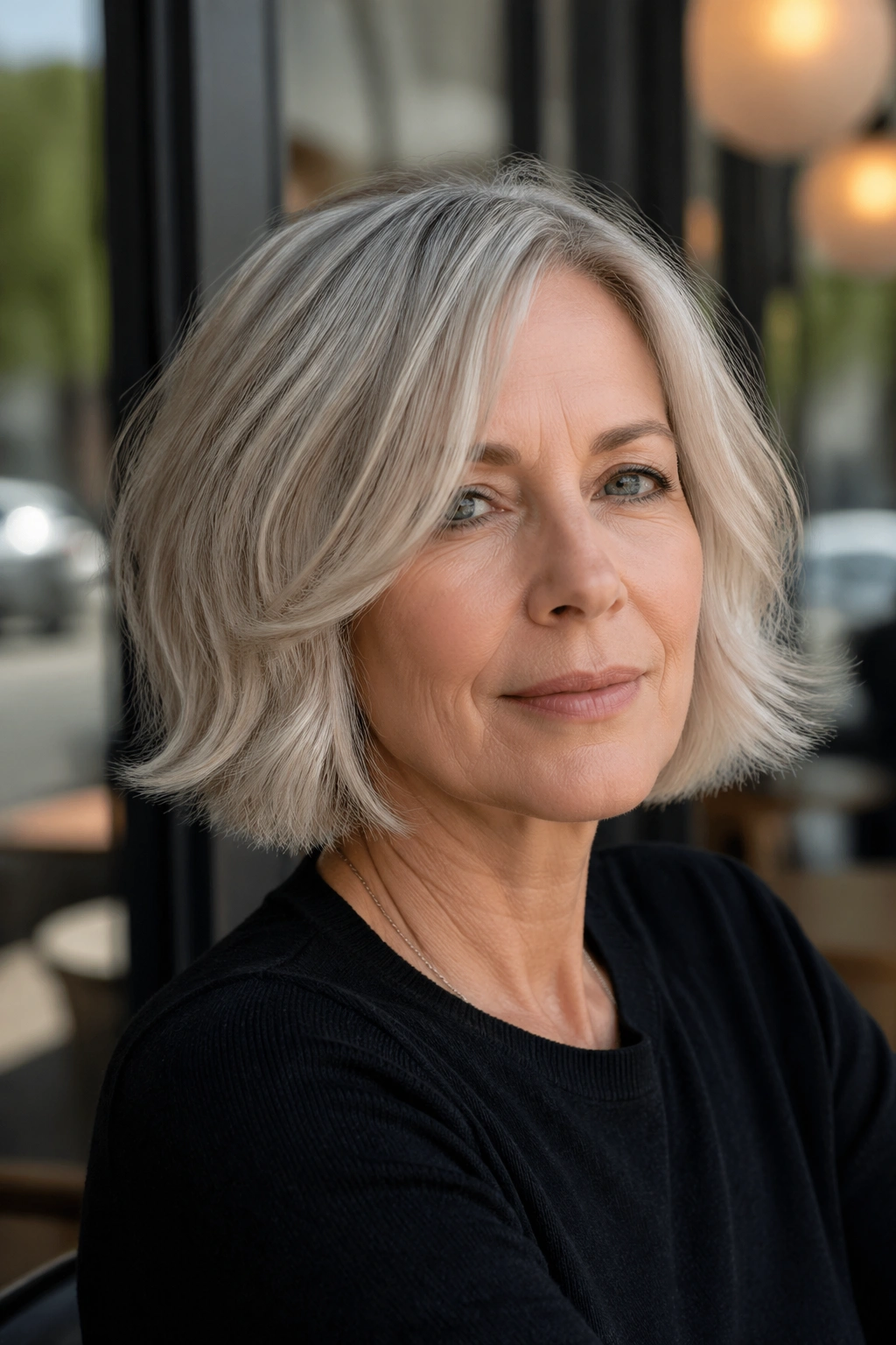 Portrait of a real woman with a jaw-length bob and flipped ends in natural light