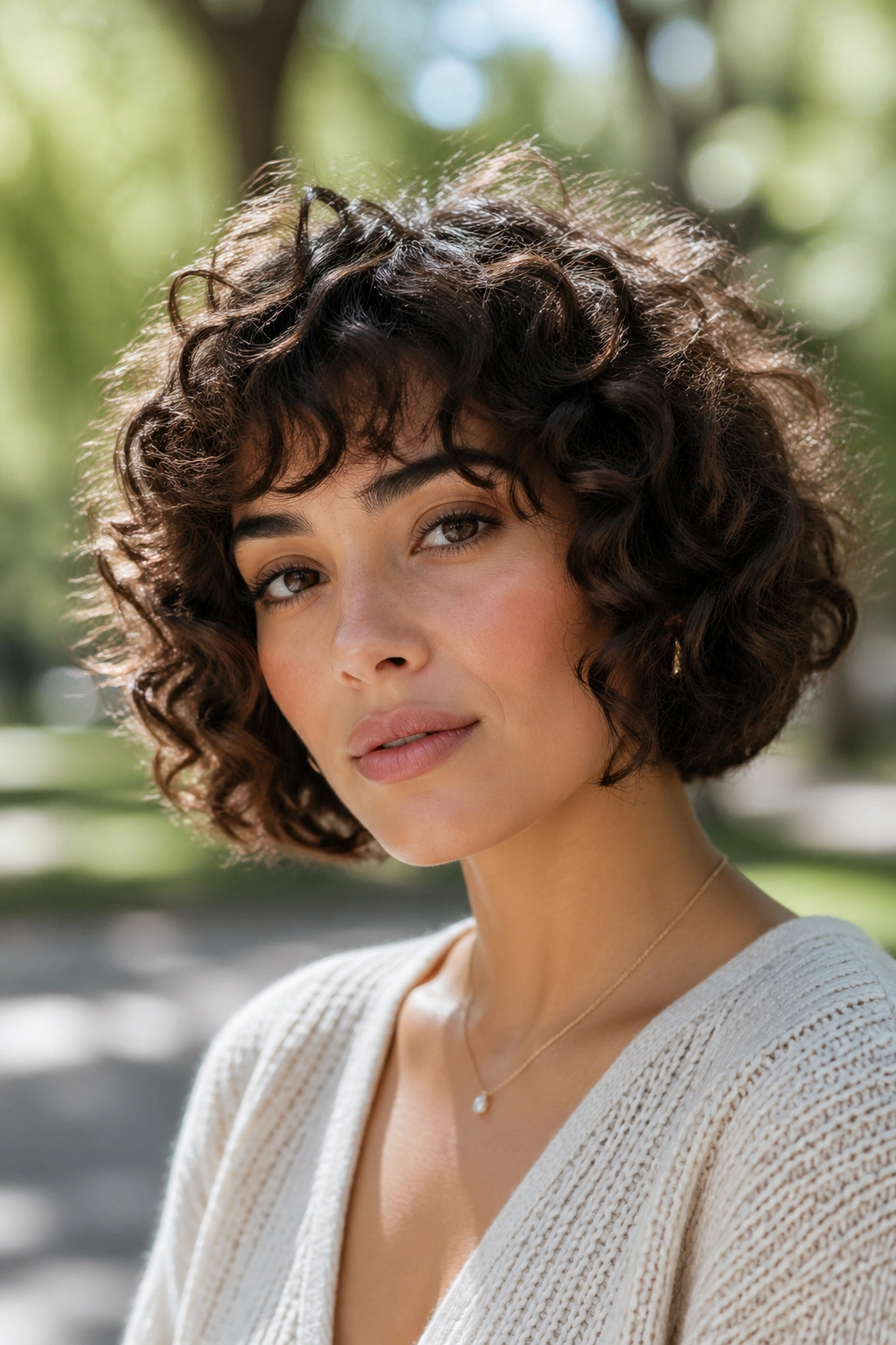 Close-up of a real person with a jaw-length halo cut and rounded jawline framing curls
