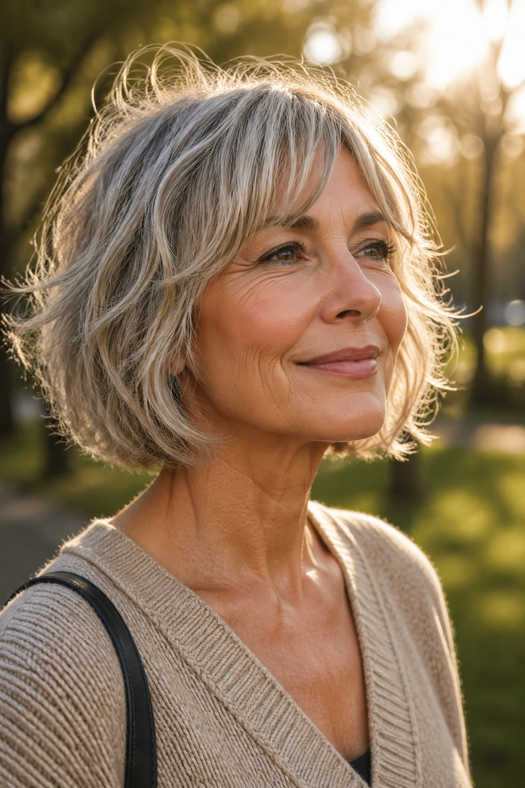 Portrait of an older woman with a jaw-length shaggy bob and airy ends in a park at golden hour.