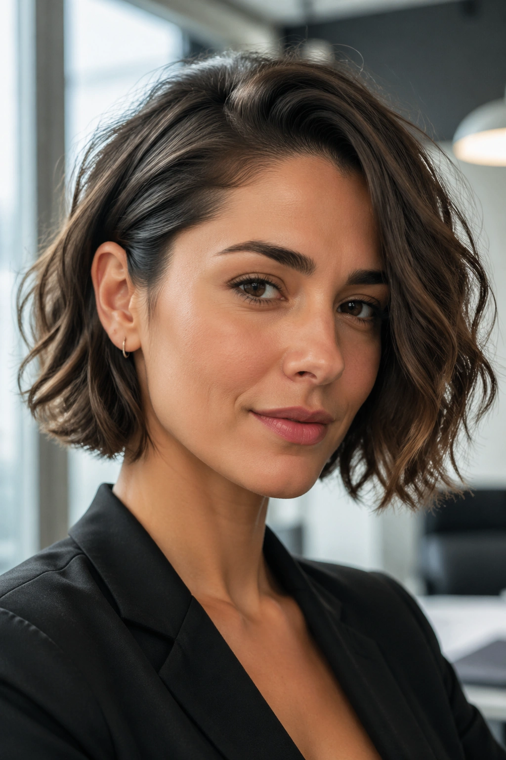 Close-up of jaw-length waves with one side tucked behind the ear.