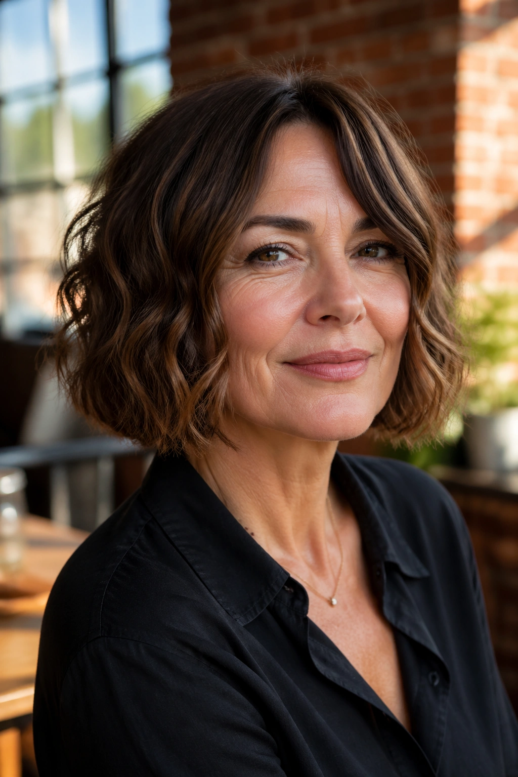 Close-up of real woman with jaw-length wavy cut in warm cafe light