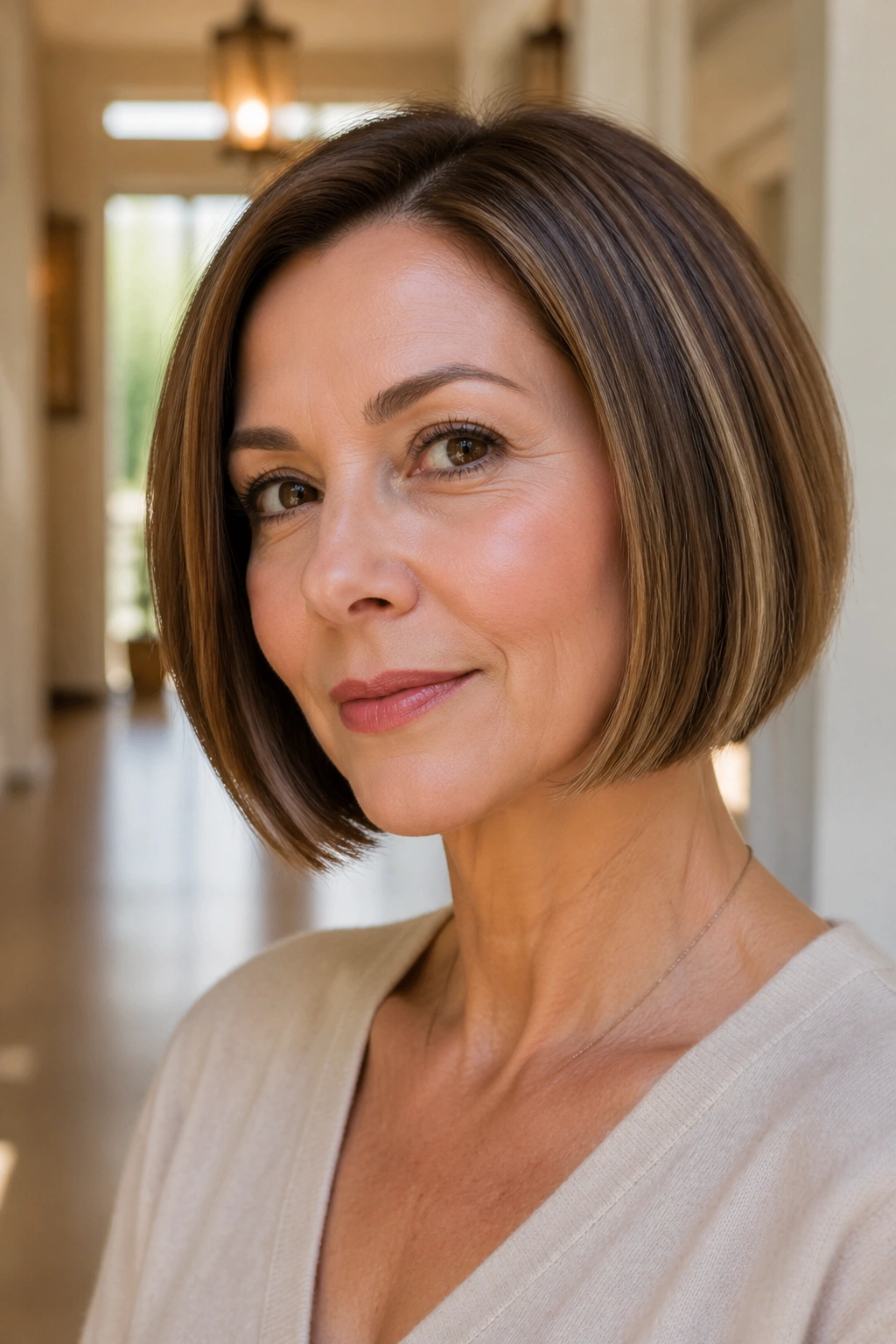 Portrait of a woman with a jaw-skimming bob at the jawline.