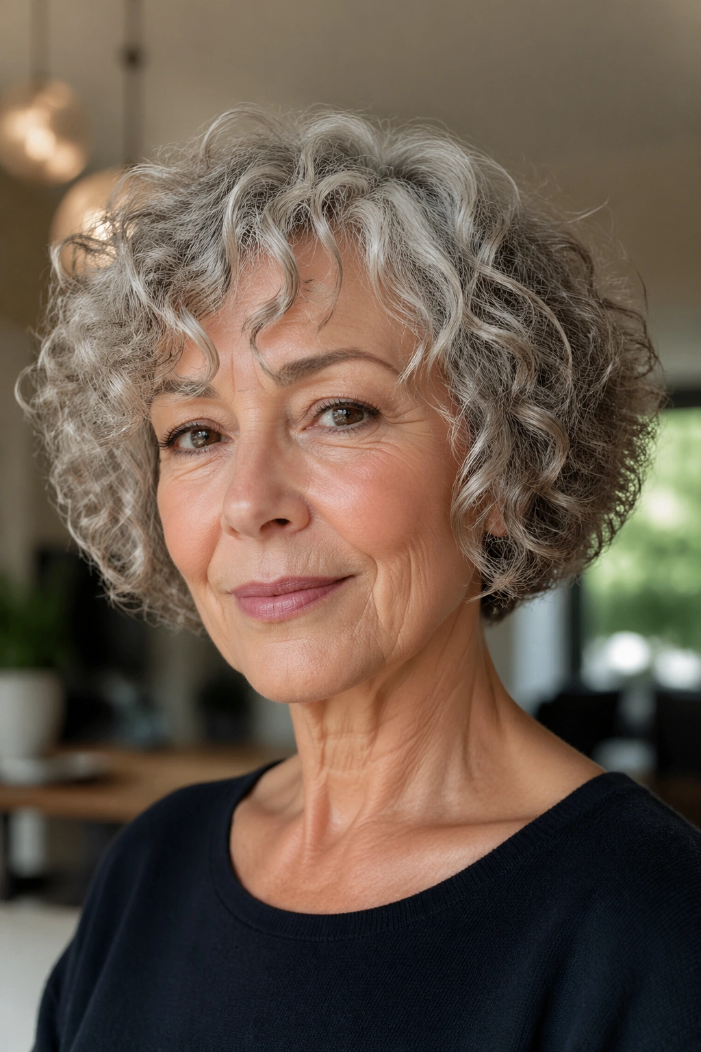 Close-up portrait of a real woman with jaw-skimming curly crop