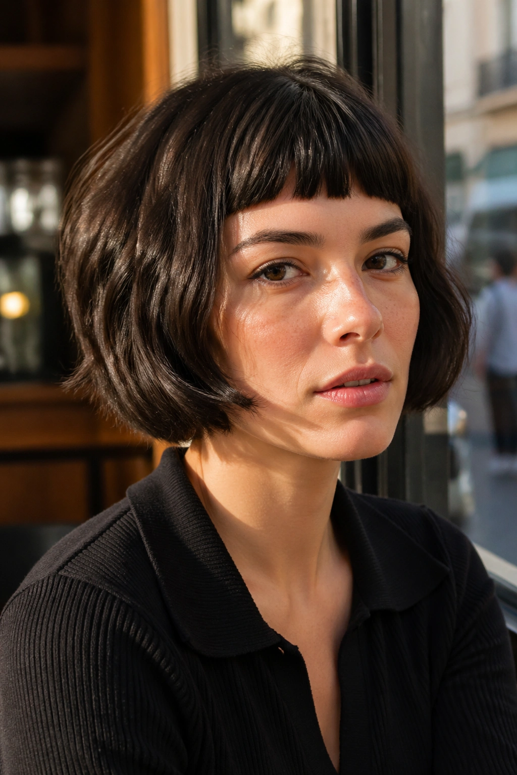 Close-up portrait of a real woman with a jaw-length French bob and micro fringe.