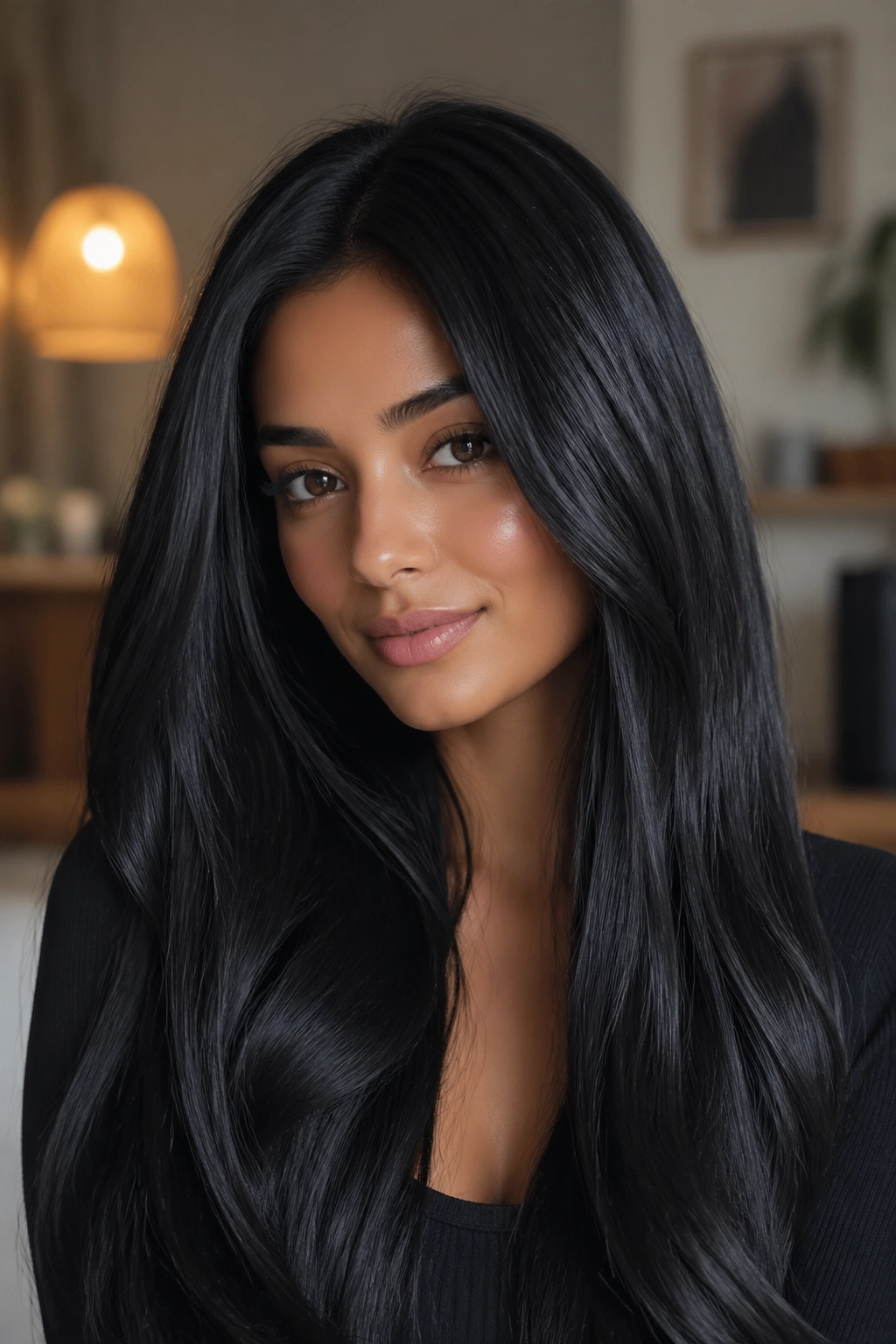 Close-up of a real woman with jet black hair in a glossy mirror finish