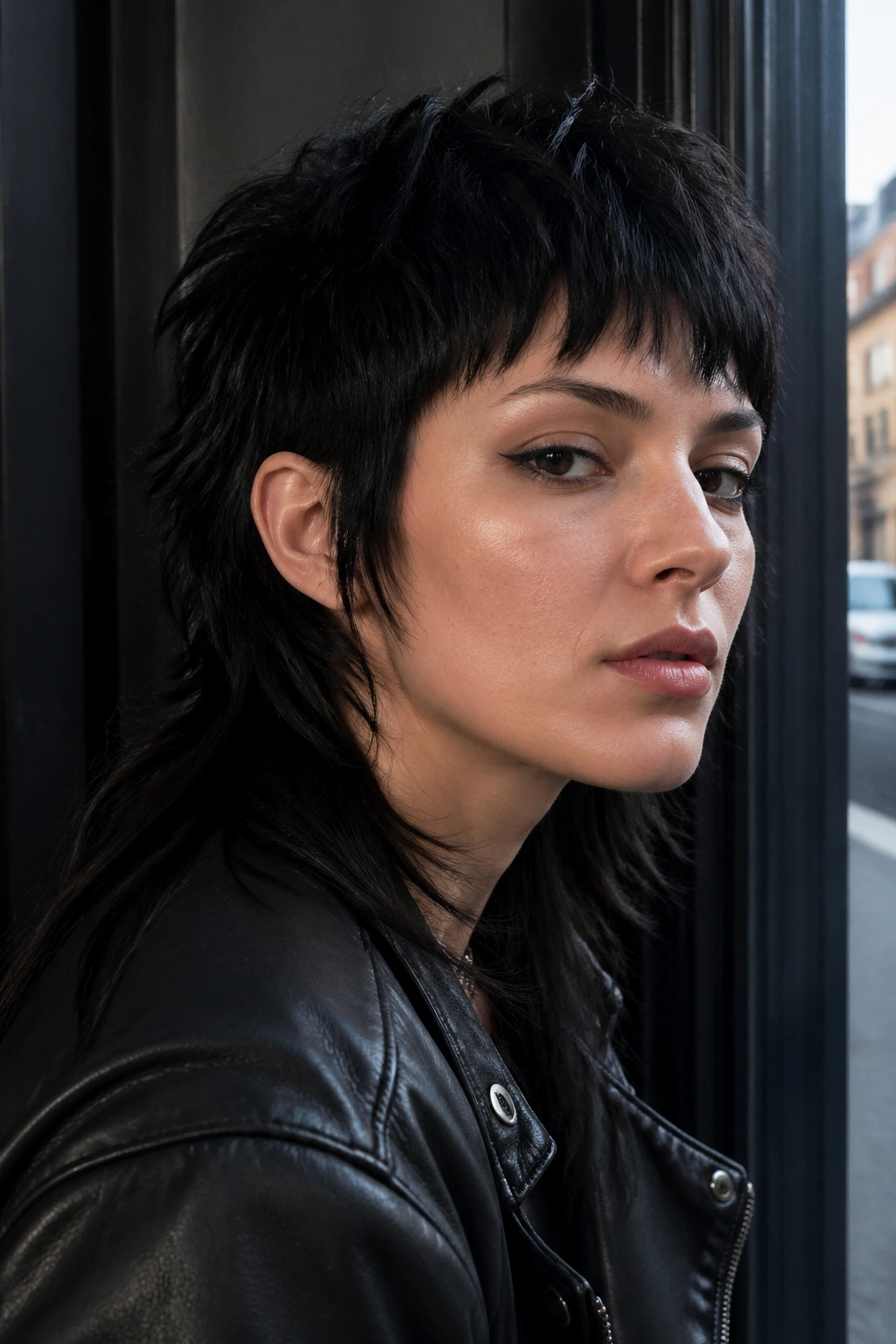 Portrait of person with jet-black graphic mullet in moody light