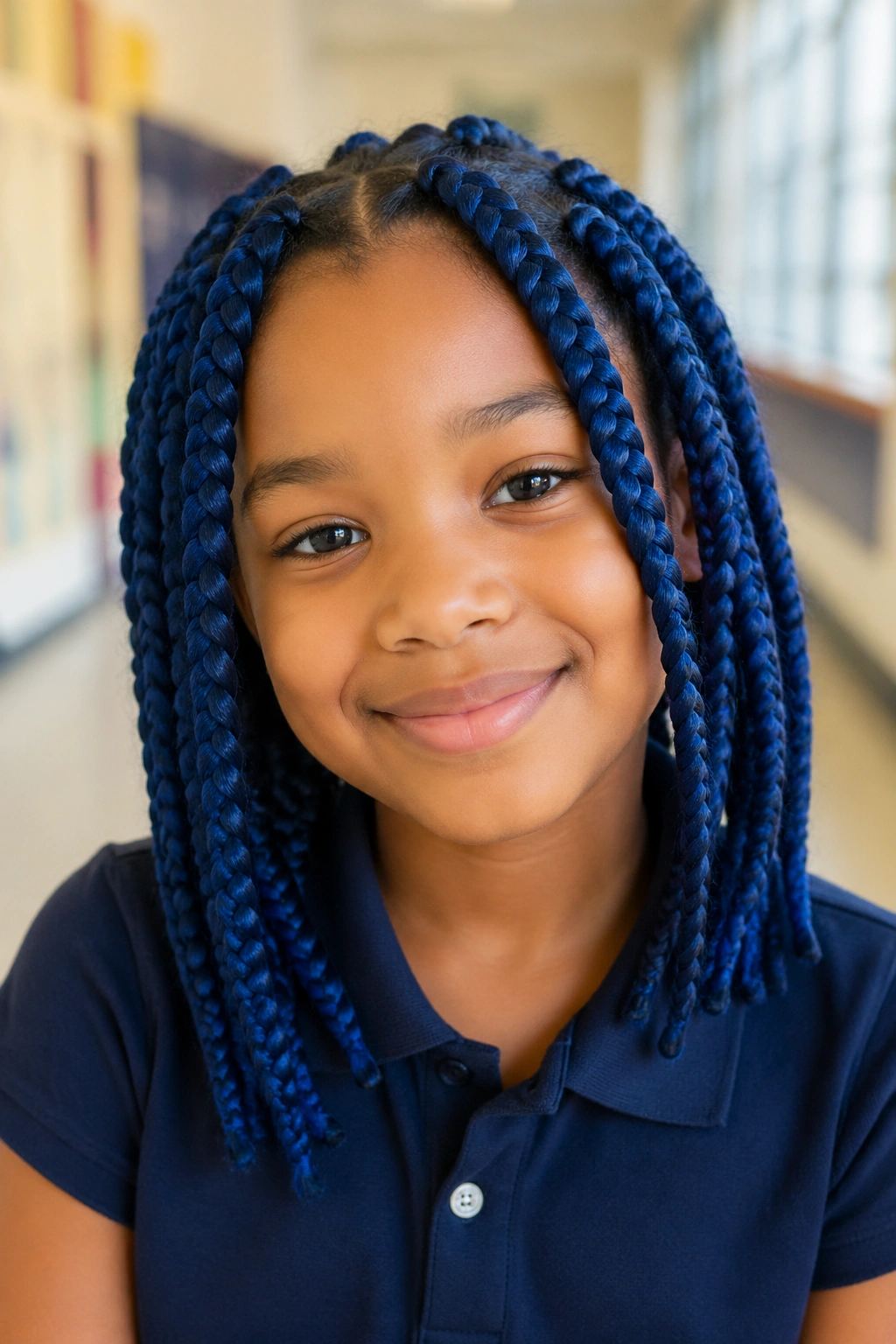 Child with jumbo blue box braids in a bright hallway