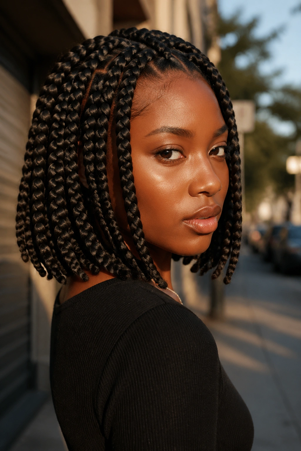 Portrait of a woman with jumbo bob-length box braids, bold and thick.