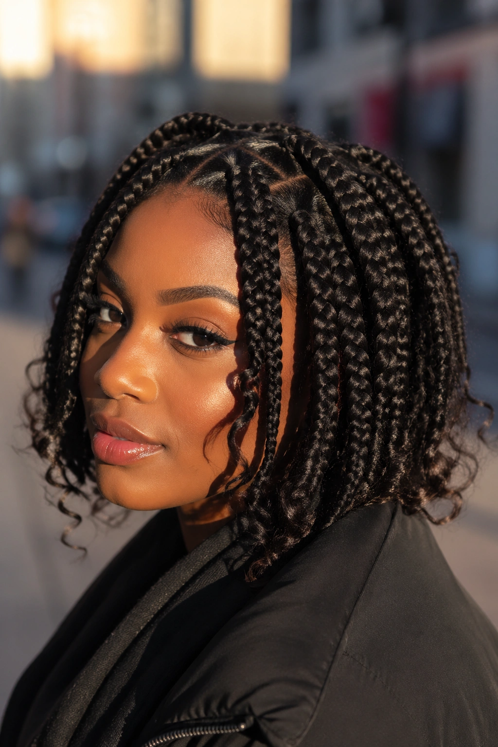 Real woman with jumbo short boho box braids in soft evening light.