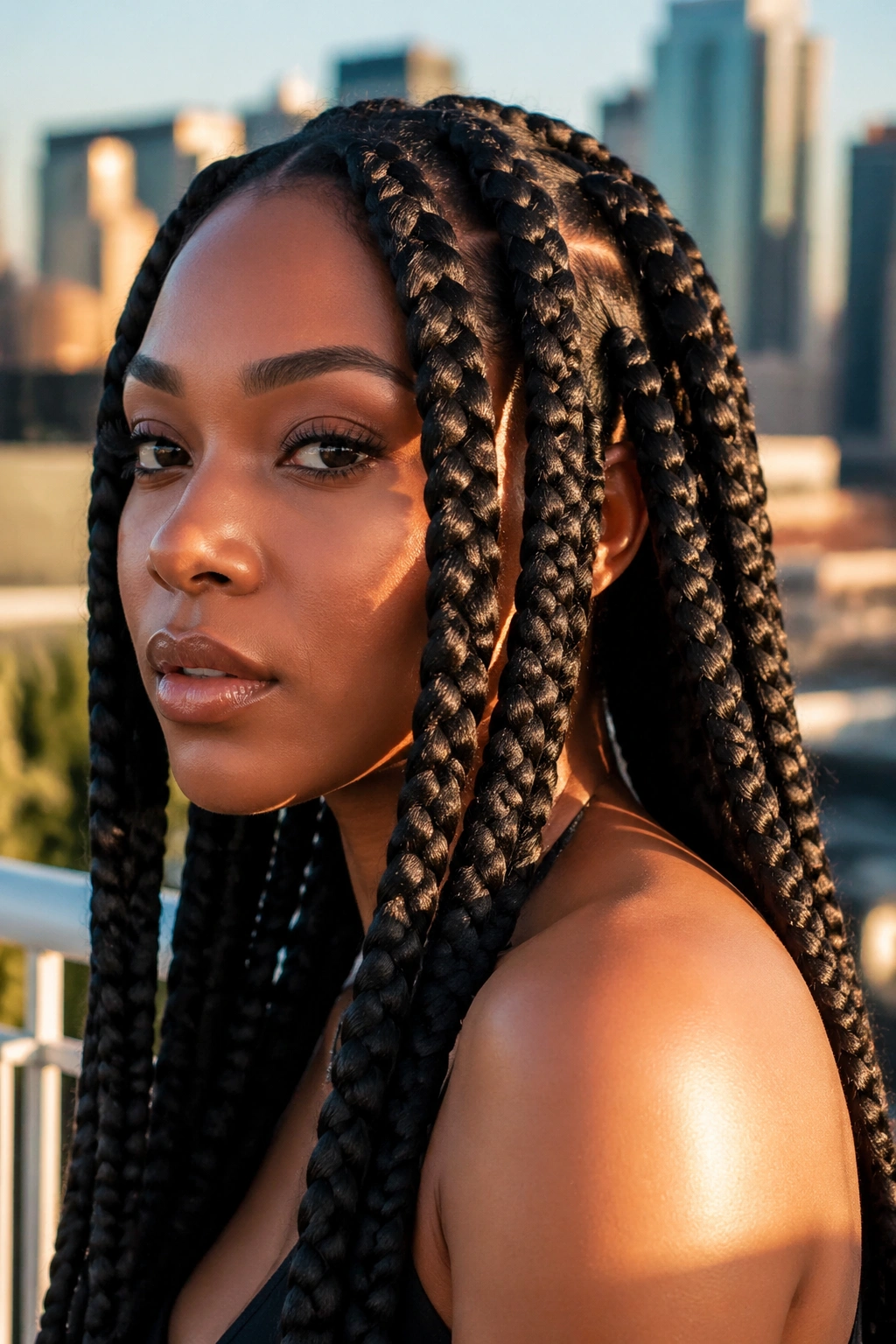 Close-up of a real woman with jumbo box braids on an outdoor terrace during golden hour