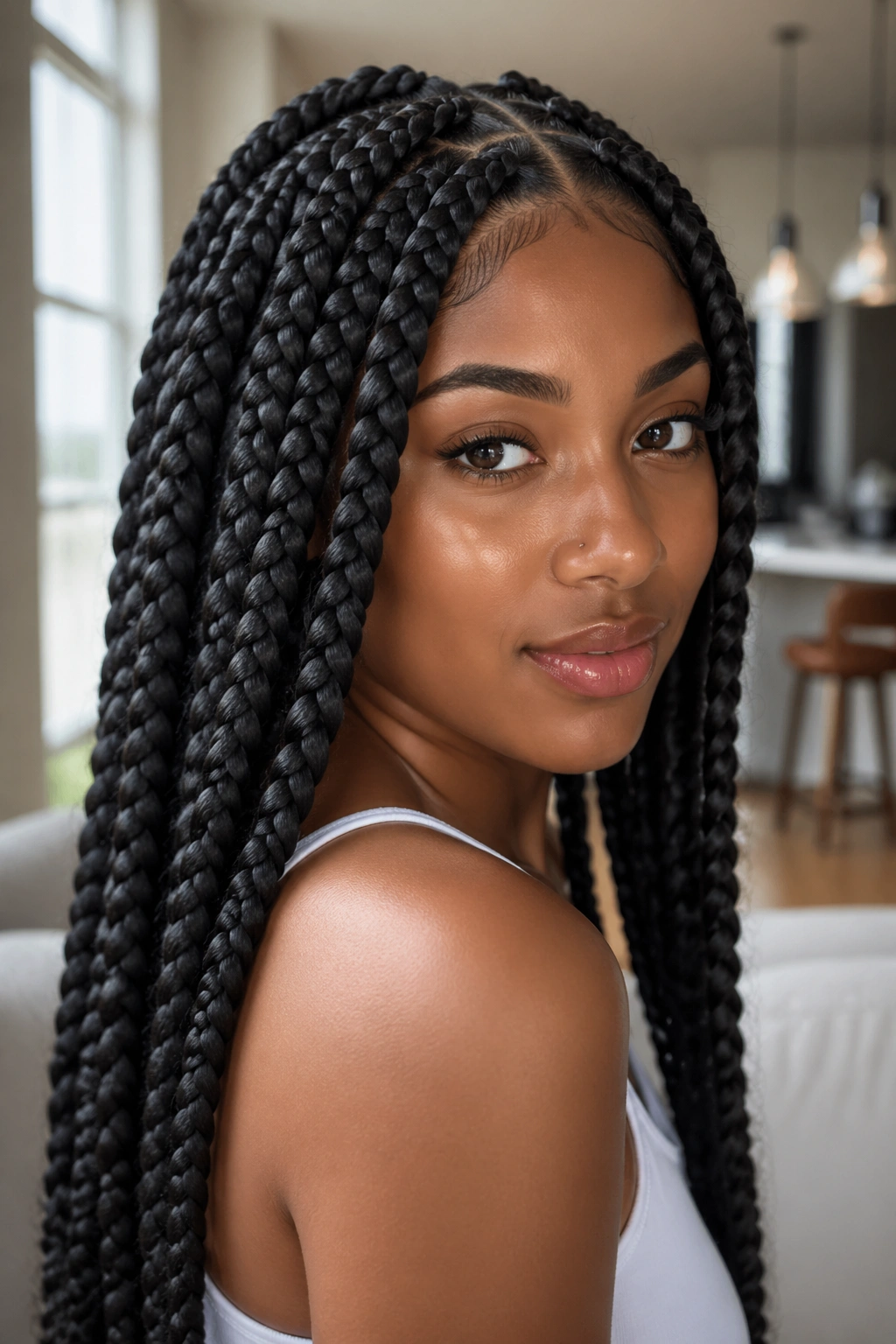 Real person with jumbo box braids in a bold look.