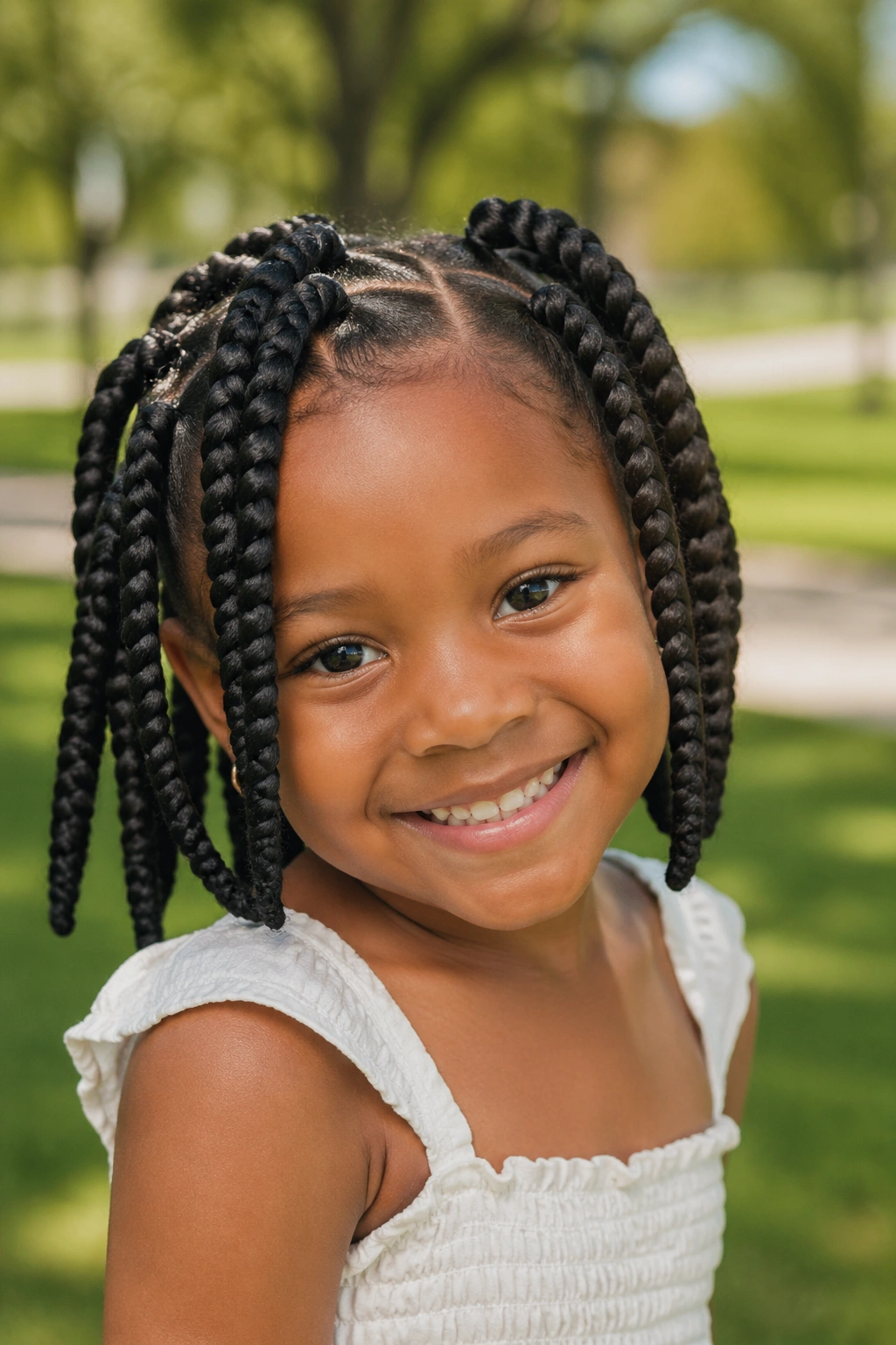 Child with jumbo short box braids in a sunny park