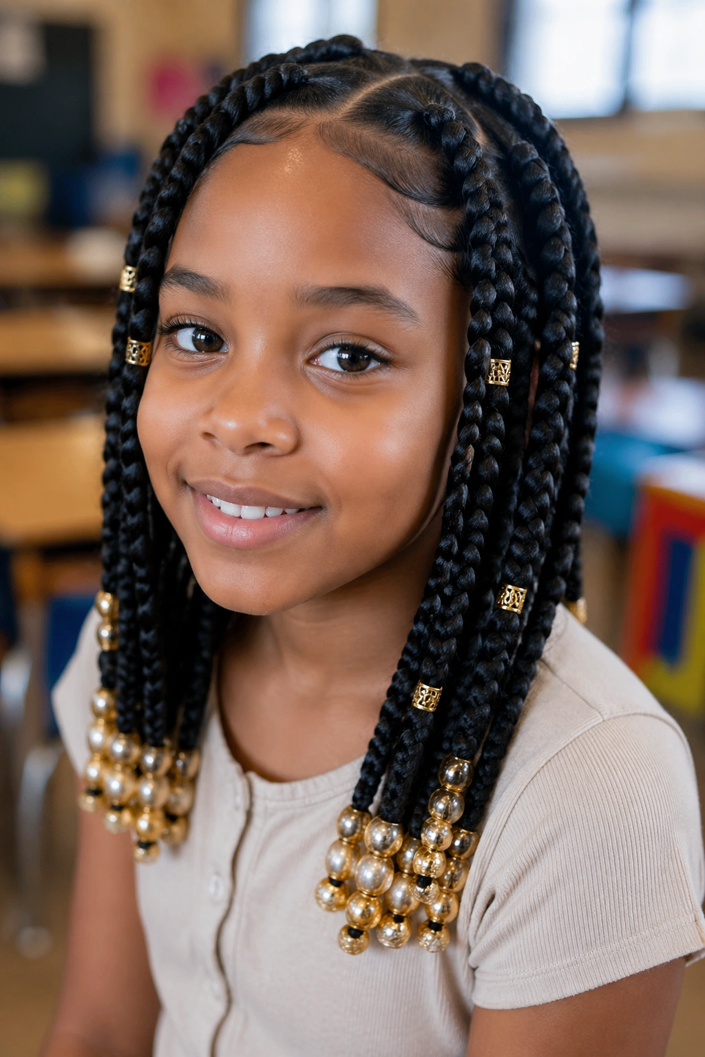 Close-up portrait of a real girl with jumbo box braids and gold cuffs beads