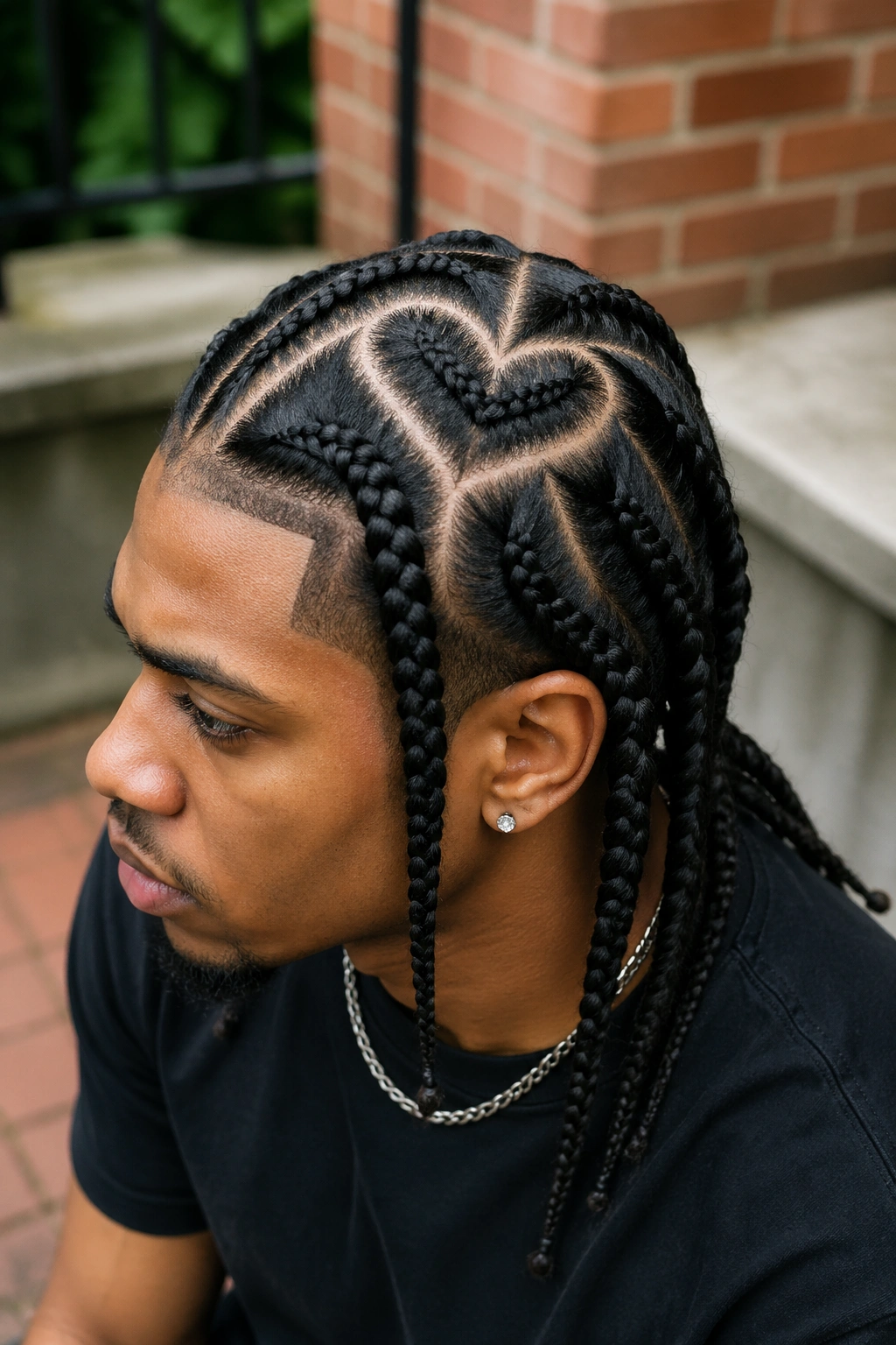 Man with jumbo box braids featuring an oversized heart on the scalp.