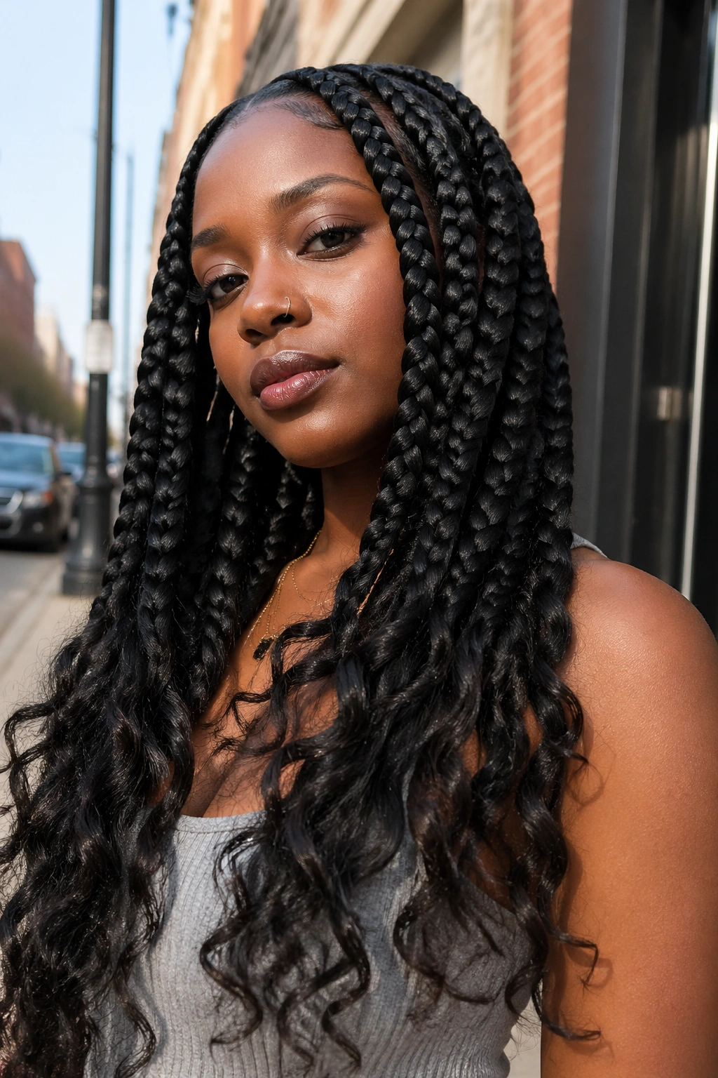 Close-up of a real person with jumbo box braids and loose curly ends in daylight