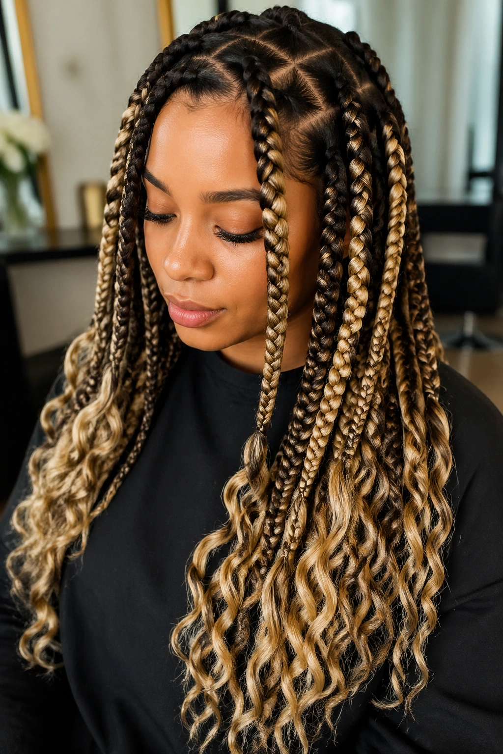 Close-up of jumbo boho box braids with loose ends on a real person.