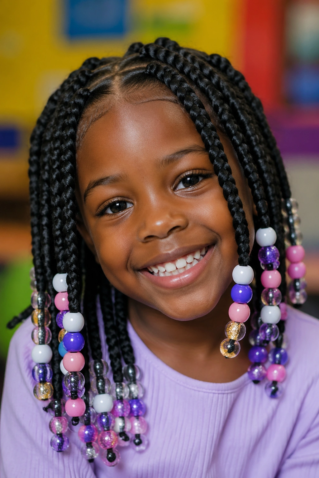 Close-up of a real child with jumbo box braids and mixed-size beads