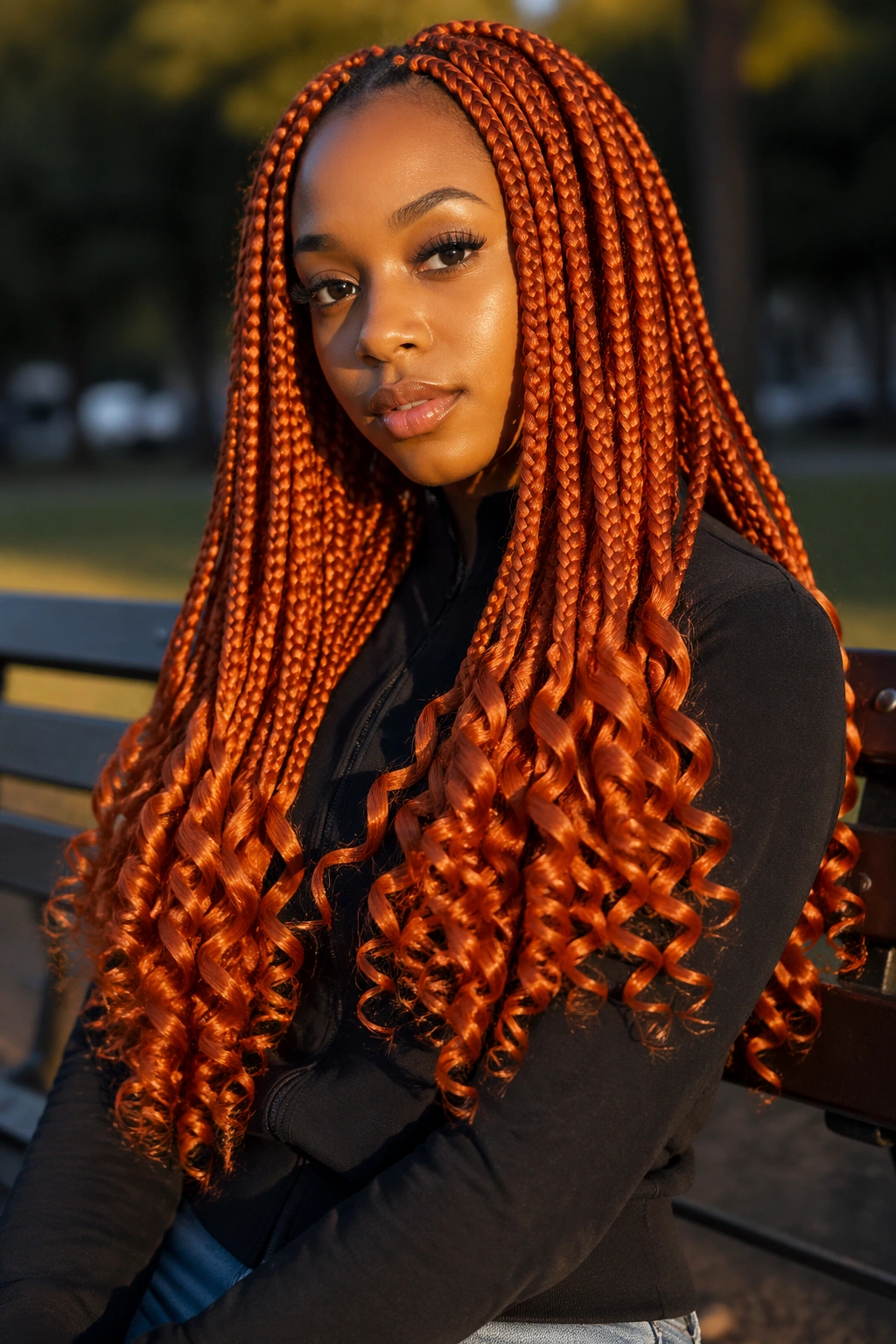Real woman with jumbo orange box braids and big curled ends in a sunny park.