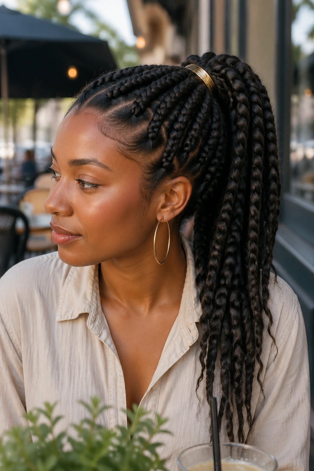Portrait of a real woman with jumbo box braids in a mid-height ponytail and minimal hardware