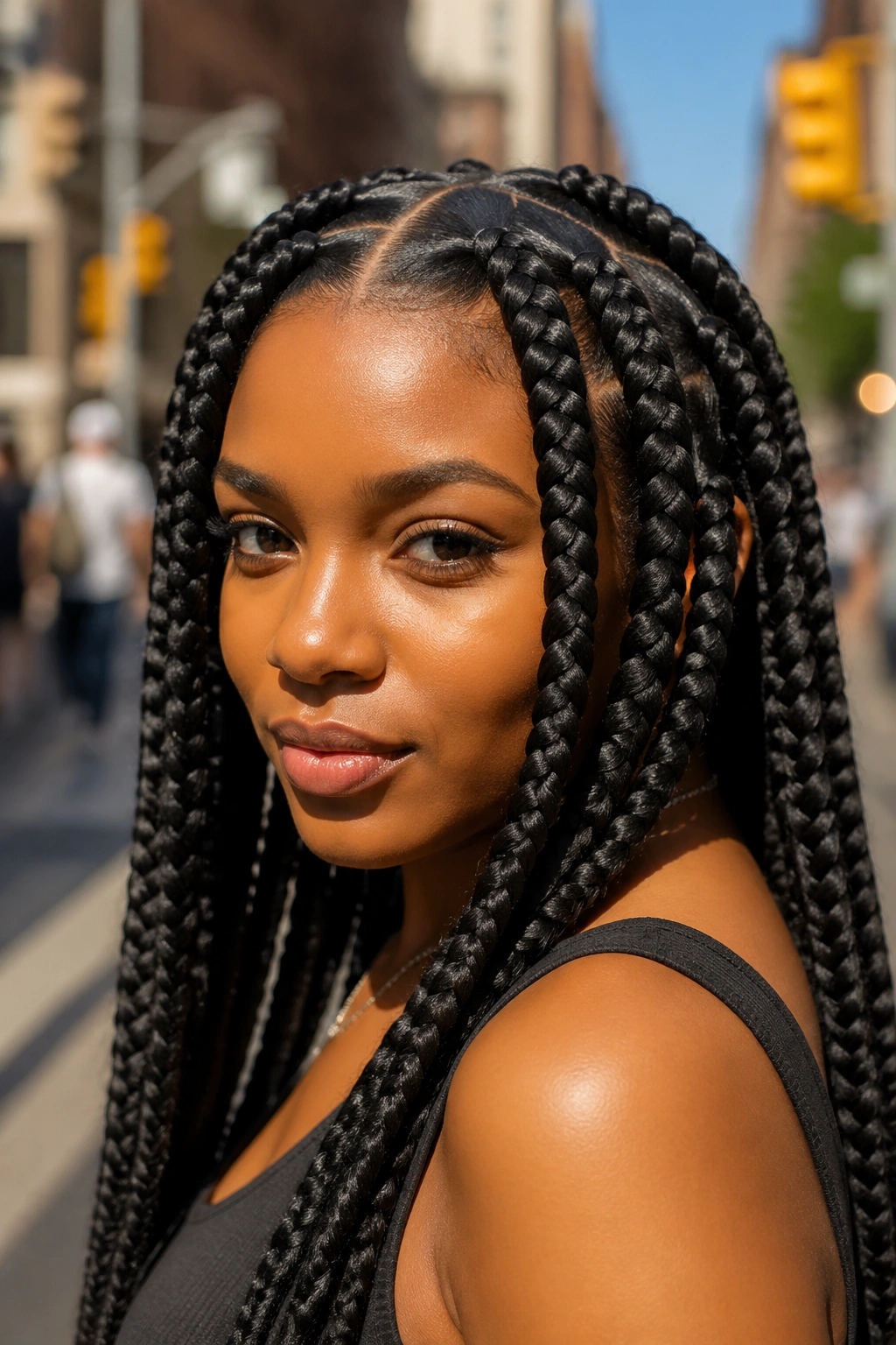 Close-up of jumbo box braids on a real woman outdoors on a city street