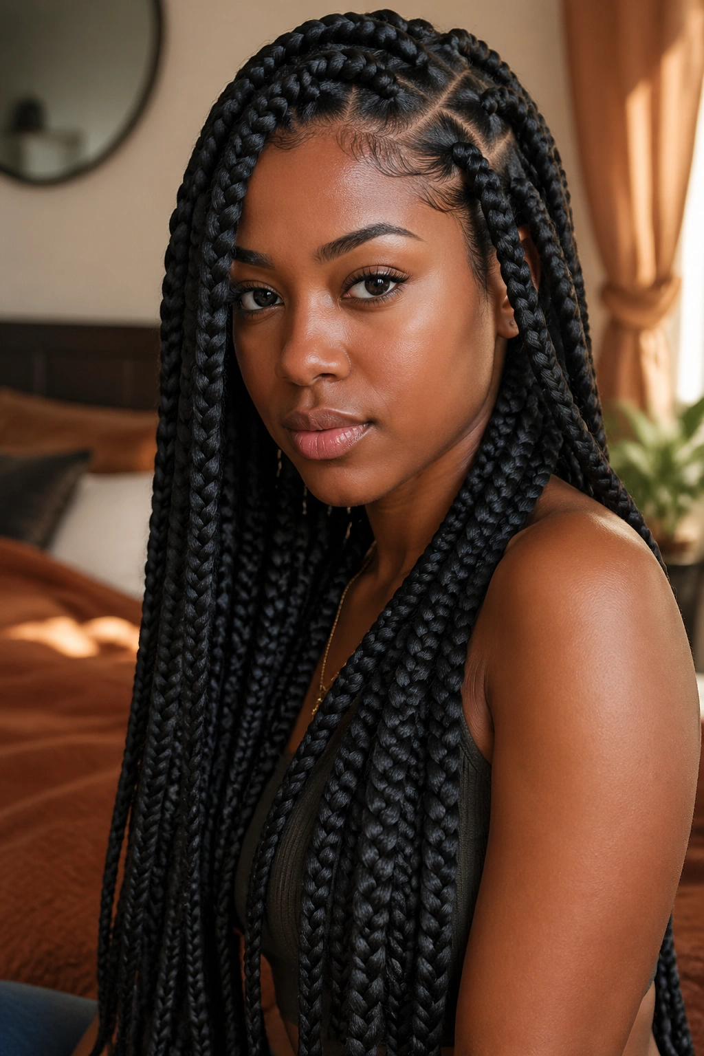 Close-up portrait of a real woman with jumbo box braids in a cozy bedroom