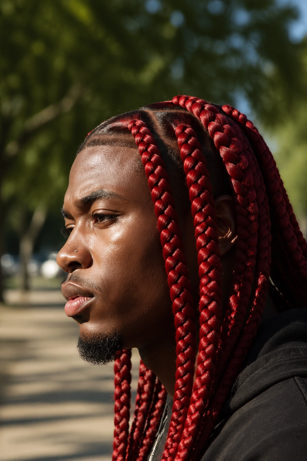 Close-up of real person with jumbo fire-red box braids outdoors