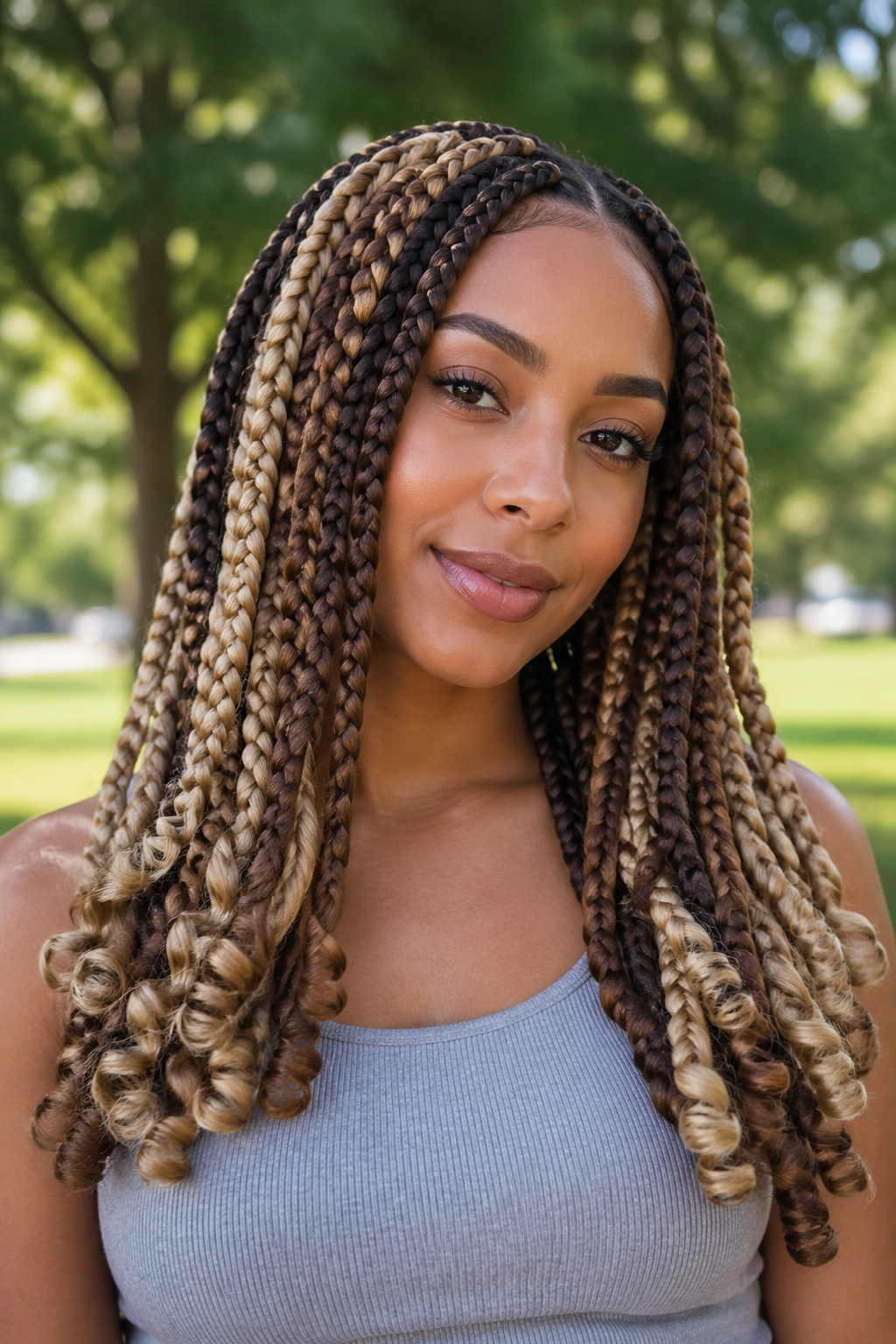 Close-up of a real woman with jumbo box braids and thick curled ends in brown and blonde.