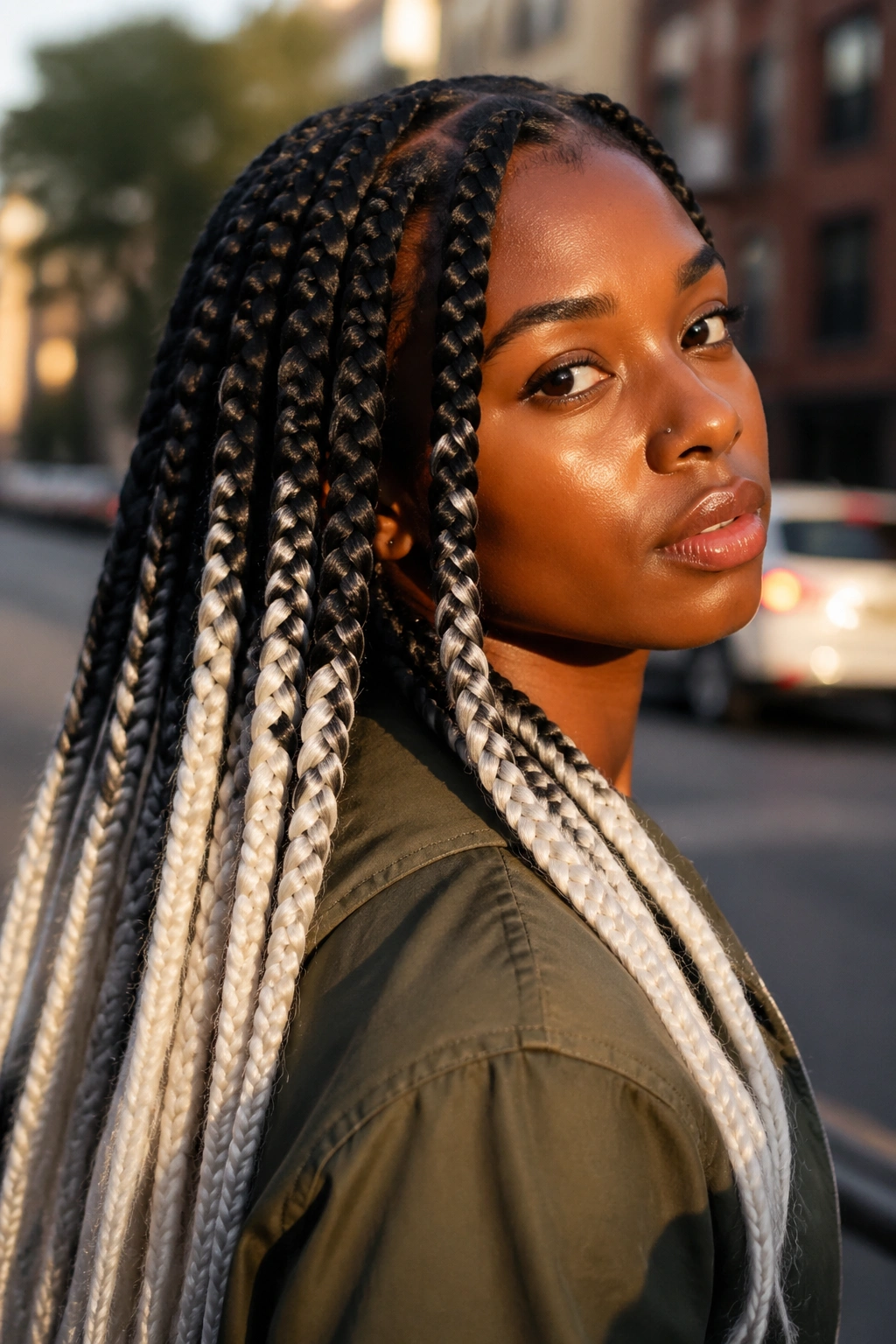 Real person with jumbo braids and white tips photographed outdoors at golden hour