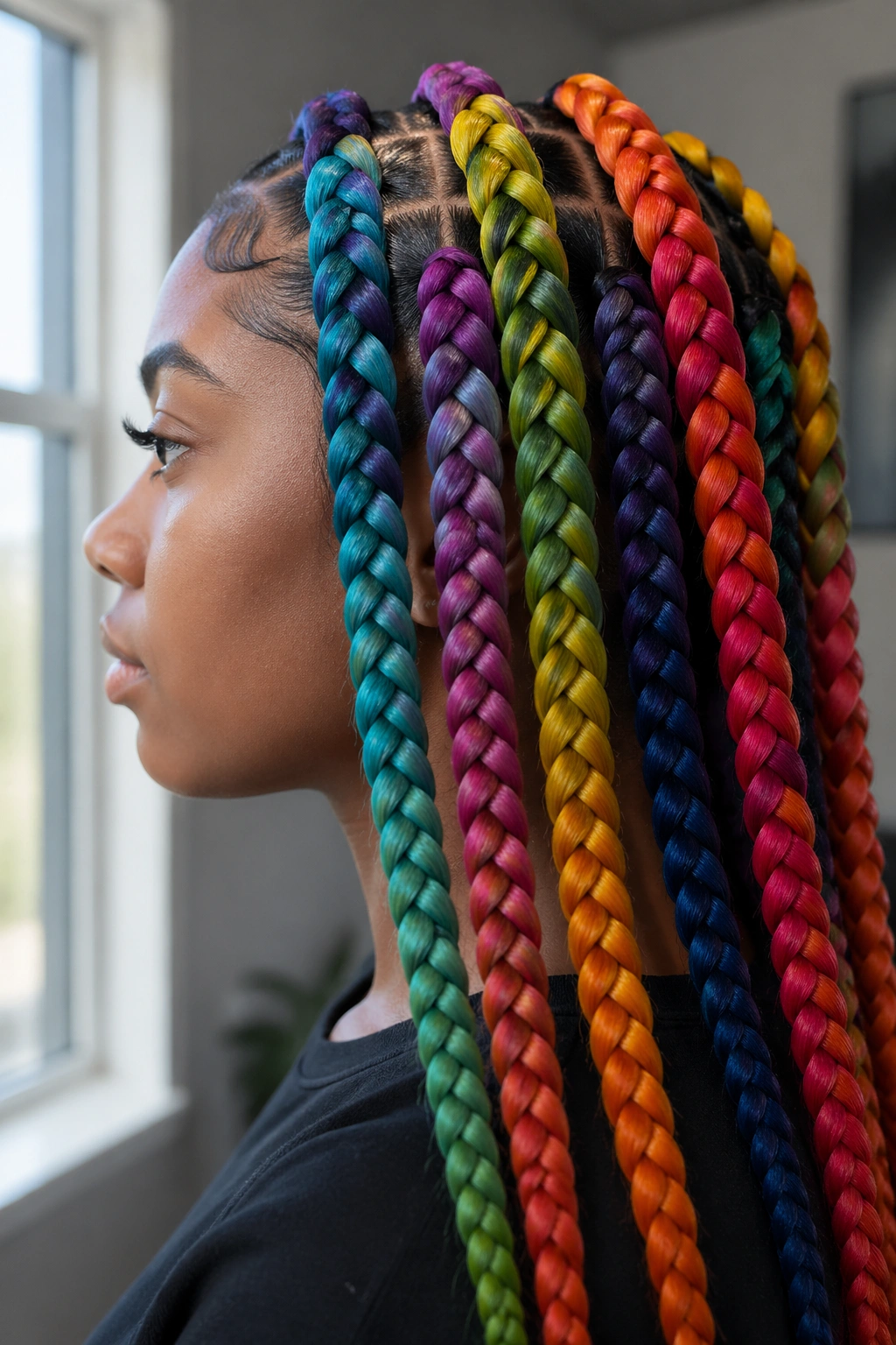 Close-up side-profile of a real person showing thick jumbo rainbow box braids