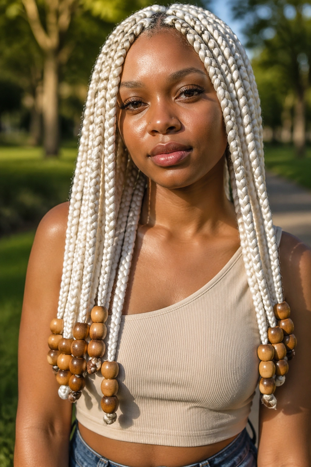 Real person with jumbo white box braids and oversized wooden beads at the ends outdoors