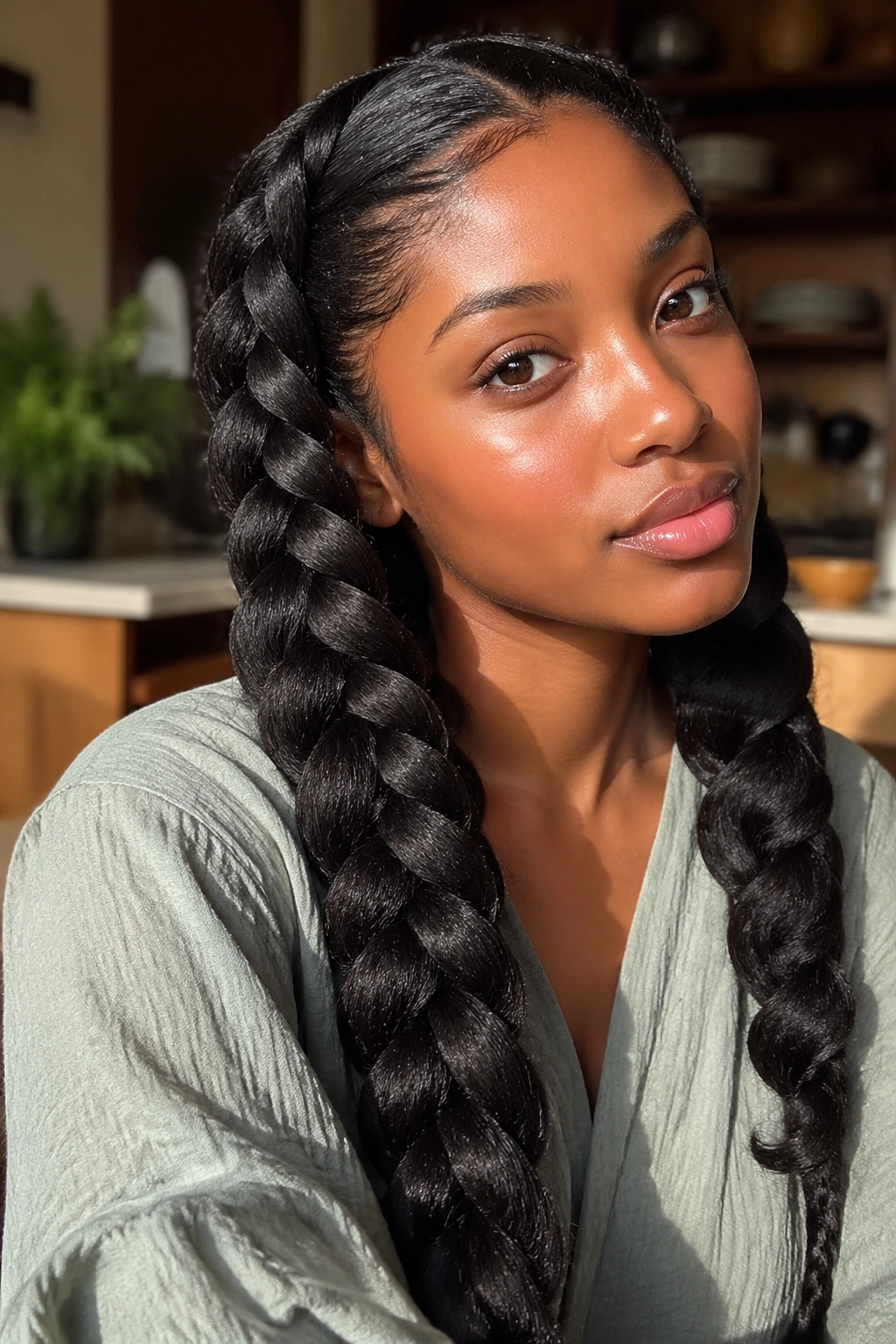 Close-up portrait of a real person with jumbo braids giving fast-drying, swingy waves.