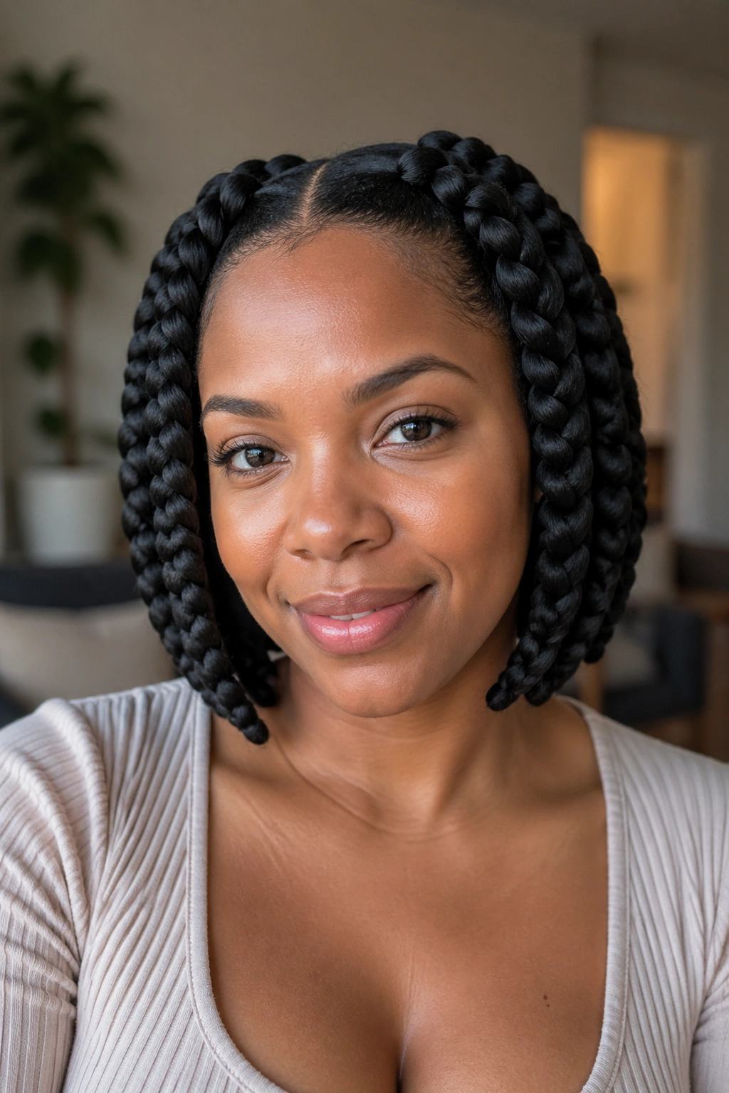 Portrait of a woman with two jumbo braids Bob hairstyle