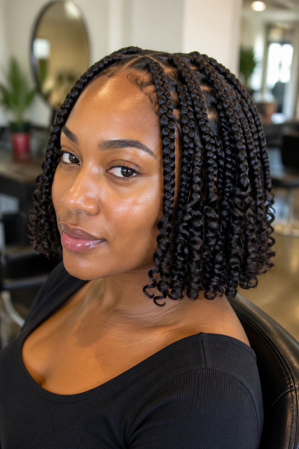Close-up of a real person with jumbo box braids and curly ends in a salon setting