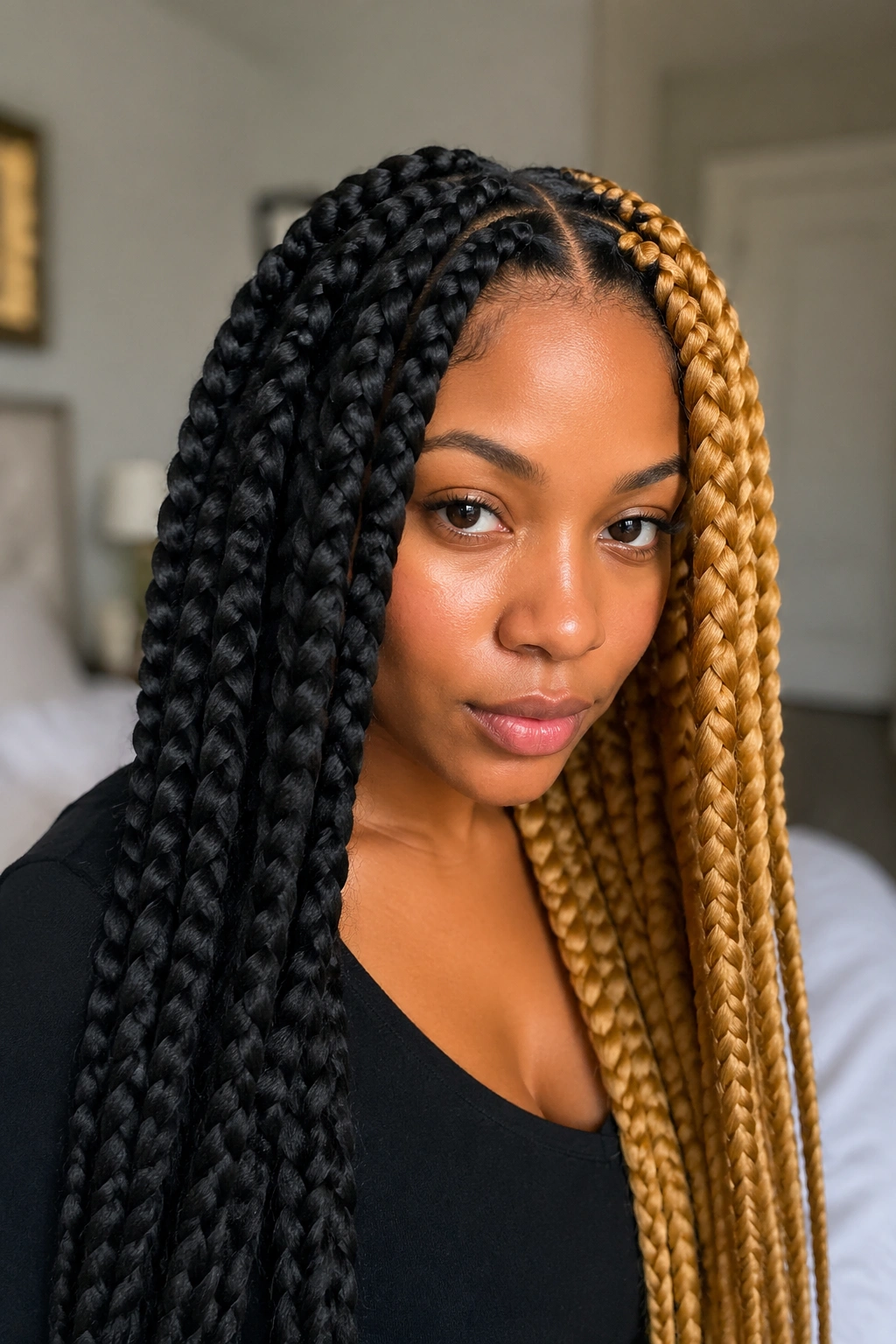 Close-up of a real woman with center-part jumbo braids in black and honey blonde