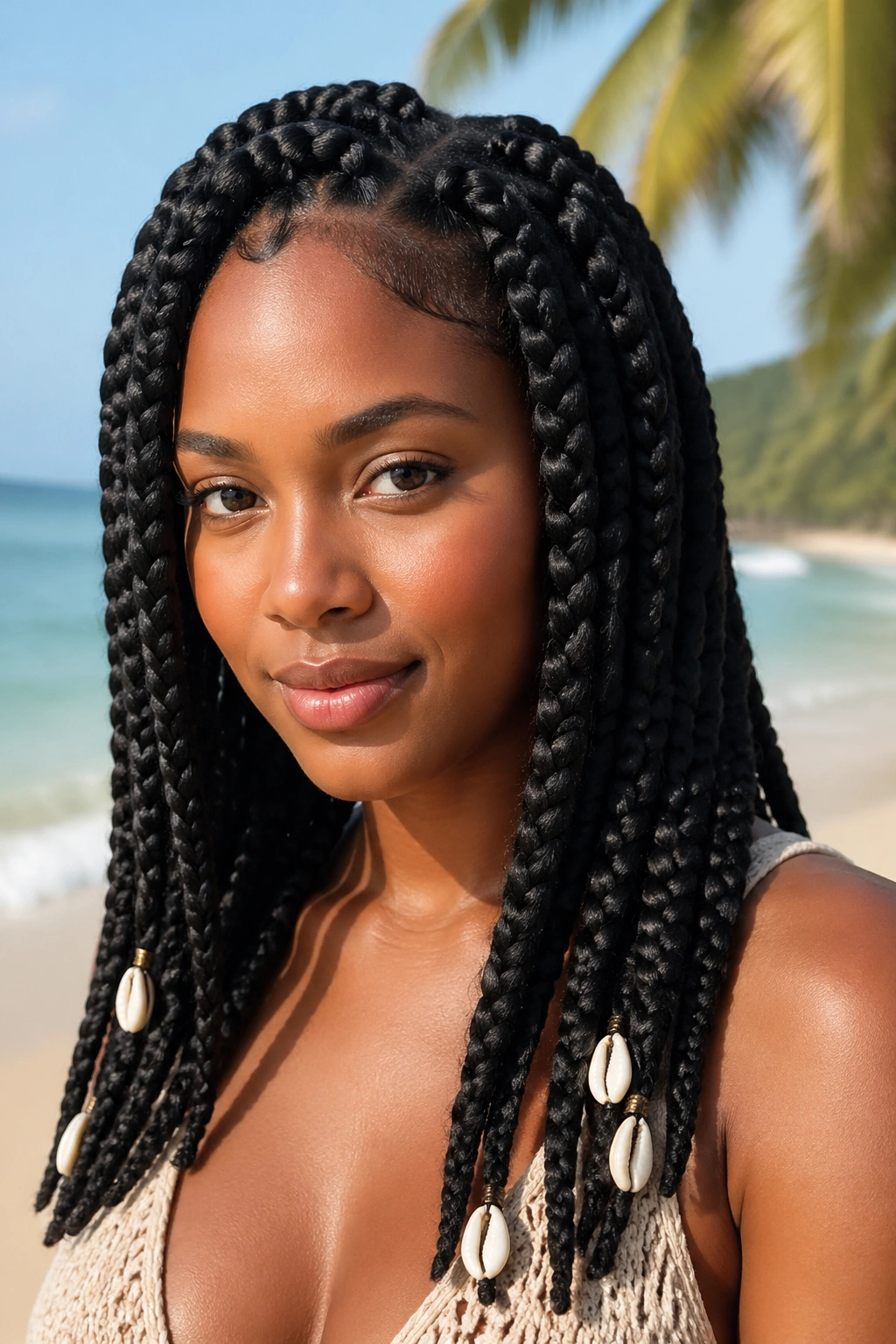 Close-up of a real woman with jumbo goddess box braids and cowrie shells