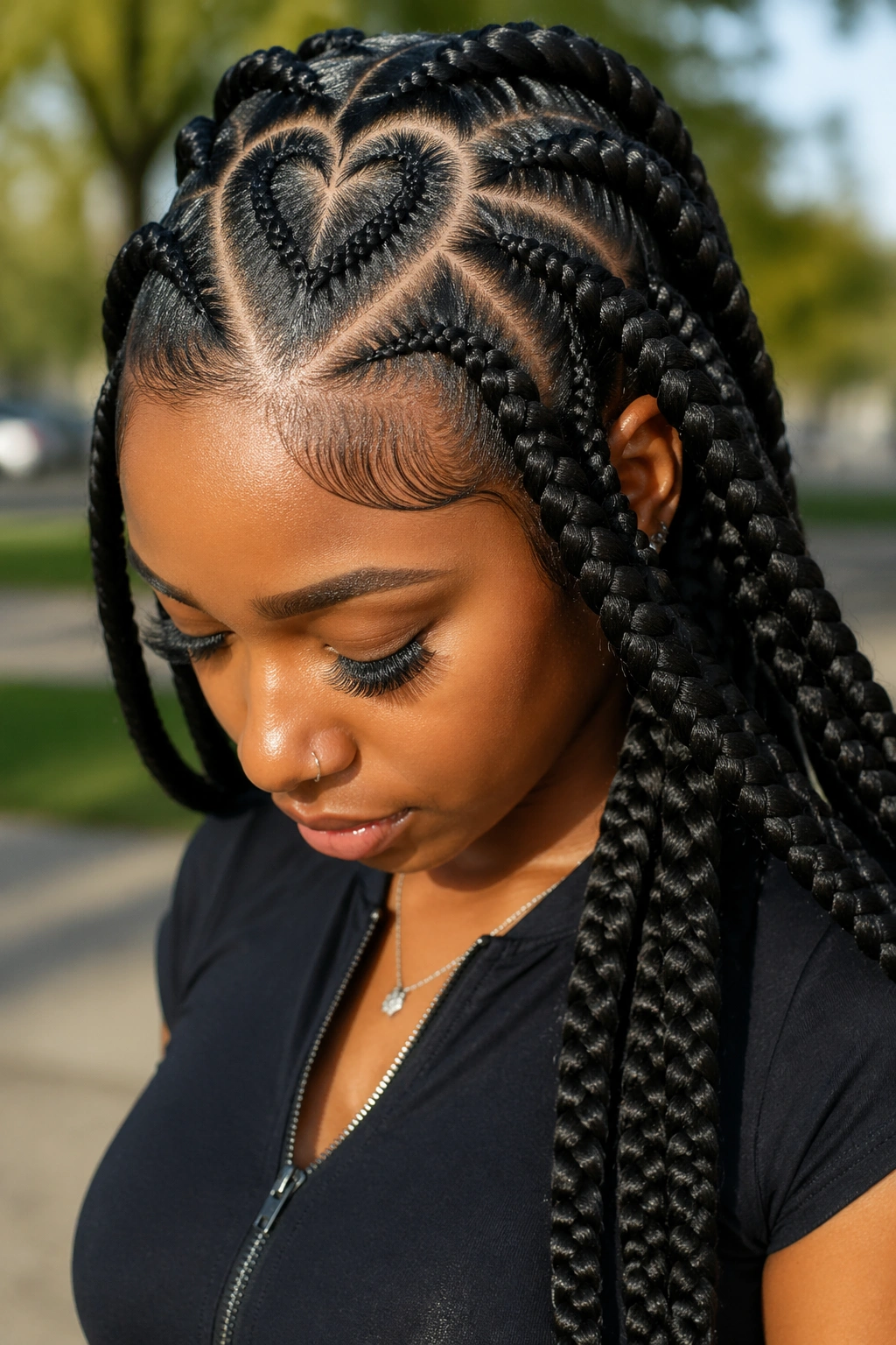 Close-up of a real person with jumbo box braids and feed-in heart lines at the front.
