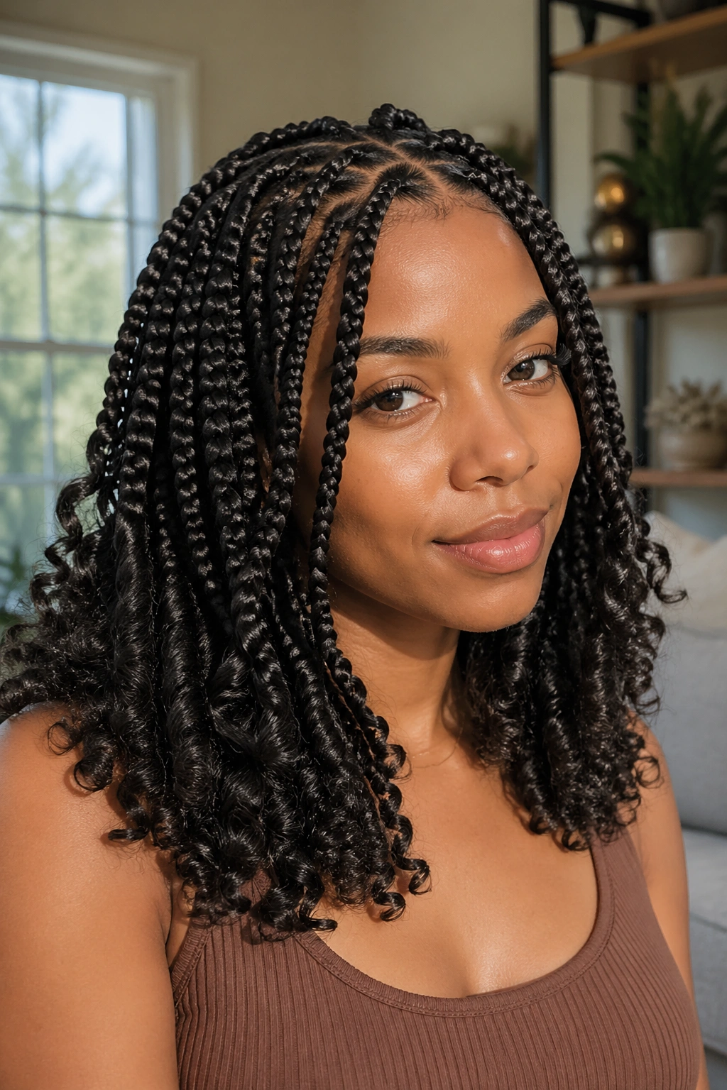Close-up of a real person with jumbo-medium knotless braids and curly ends