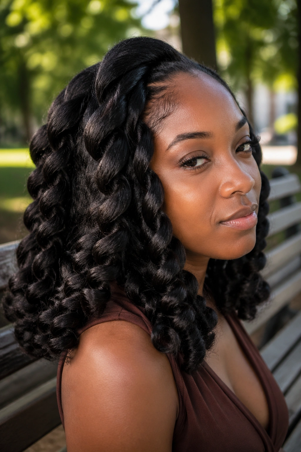 Real woman with jumbo braids forming large loops